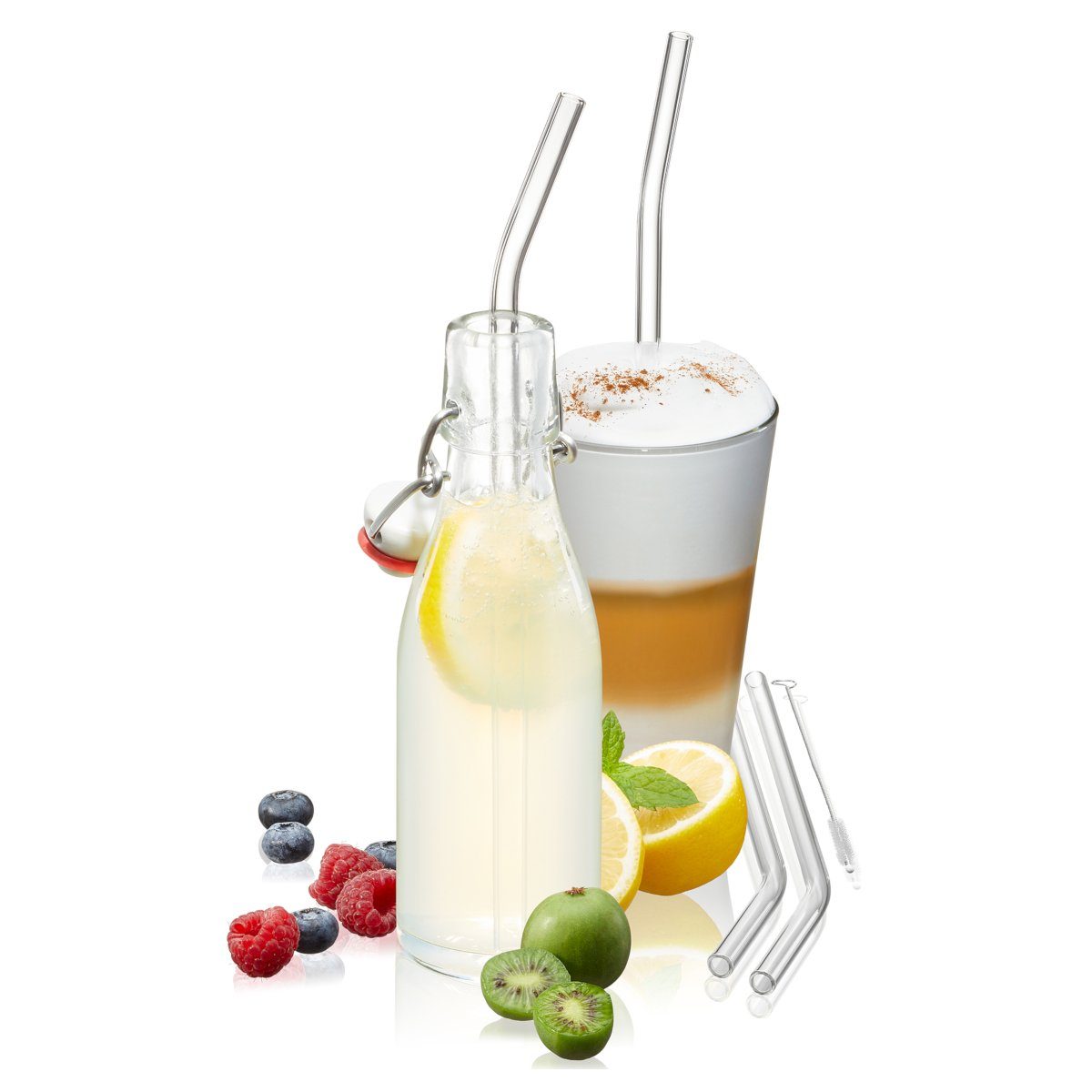 GEFU Trinkhalme Glas Strohhalm 4er-Set gebogen, transparent, Spülmaschinengeeignet, Handwäsche mit Bürste (im Lieferumfang) empfohlen