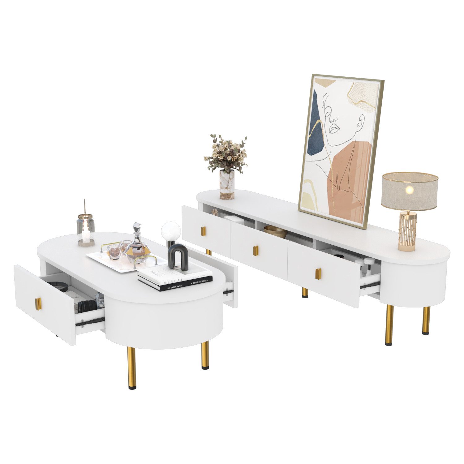 MODFU Wohnzimmer-Set aus massivem MDF, (Weiß und Gold, 2-St., geschwungenen Kanten), mit goldenen Griffen und Beinen