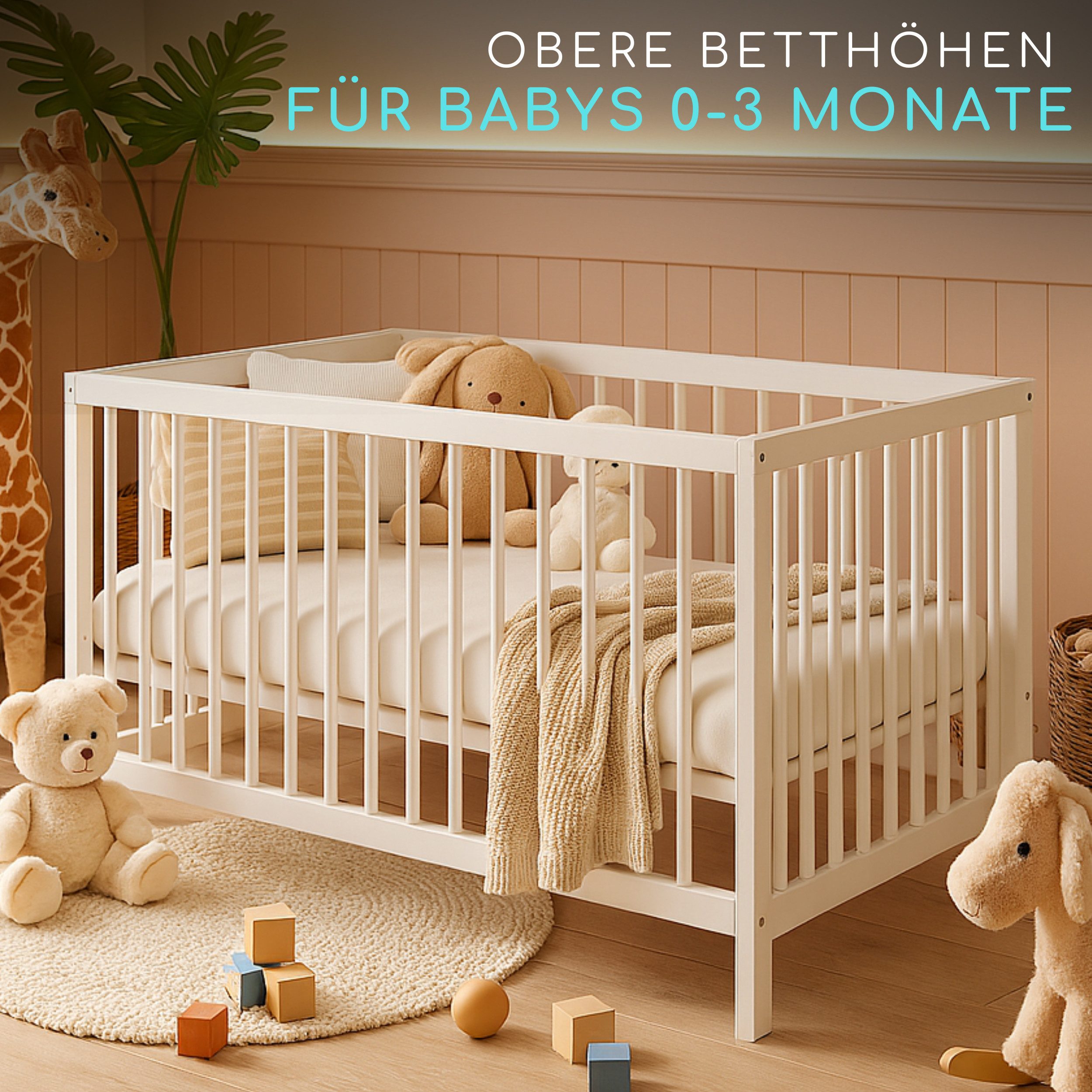 Alavya Home® Babybett TOBI I Das Beste für Kleine Babys I 9-fach höhenverstellbarer EN 716-1, Babybett 60x120 Weiß Gitterbett mit 3 Schlupfsprossen aus Buchenholz