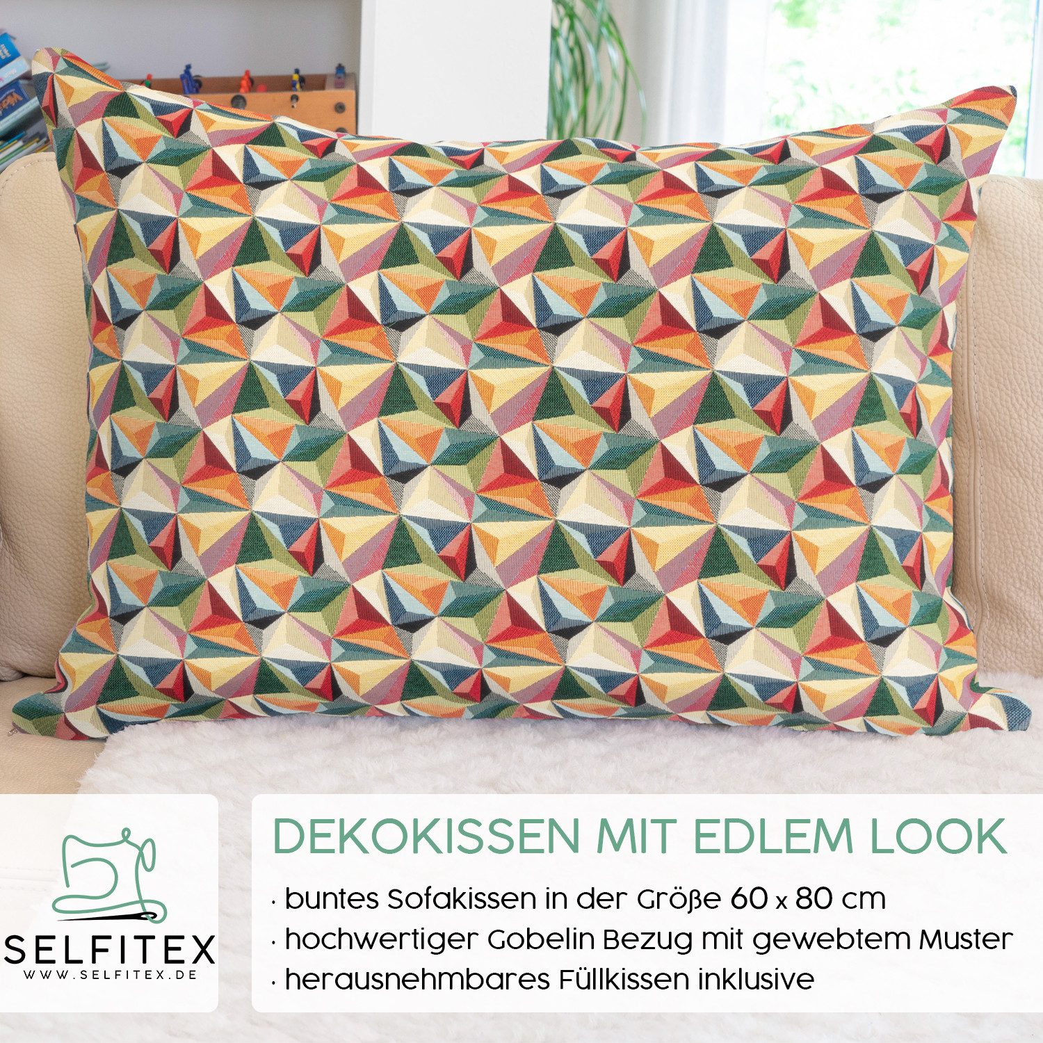 Selfitex Dekokissen XXL 60x80, inkl. Füllkissen, bunter Gobelin-Stoff, Sofakissen aus einer Baumwollmischung, für Bett und Couch.