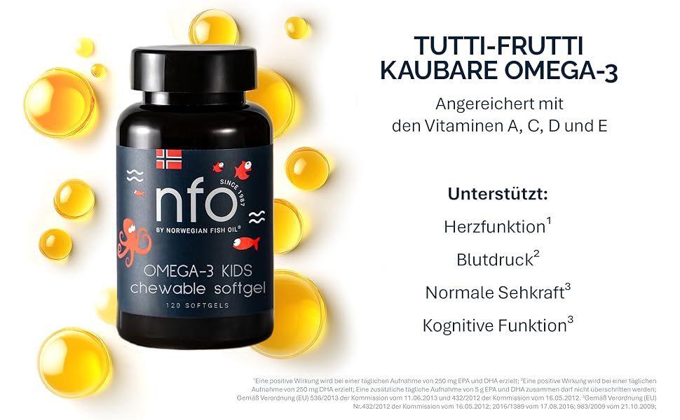 NFO Omega 3 Kids - mit hochdosierte EPA & DHA +Vitamine E, C und D Kaukapseln, 1 er für Kinder à 120 St., 120 g, Norwegisches Fischöl in Triglyzeridform