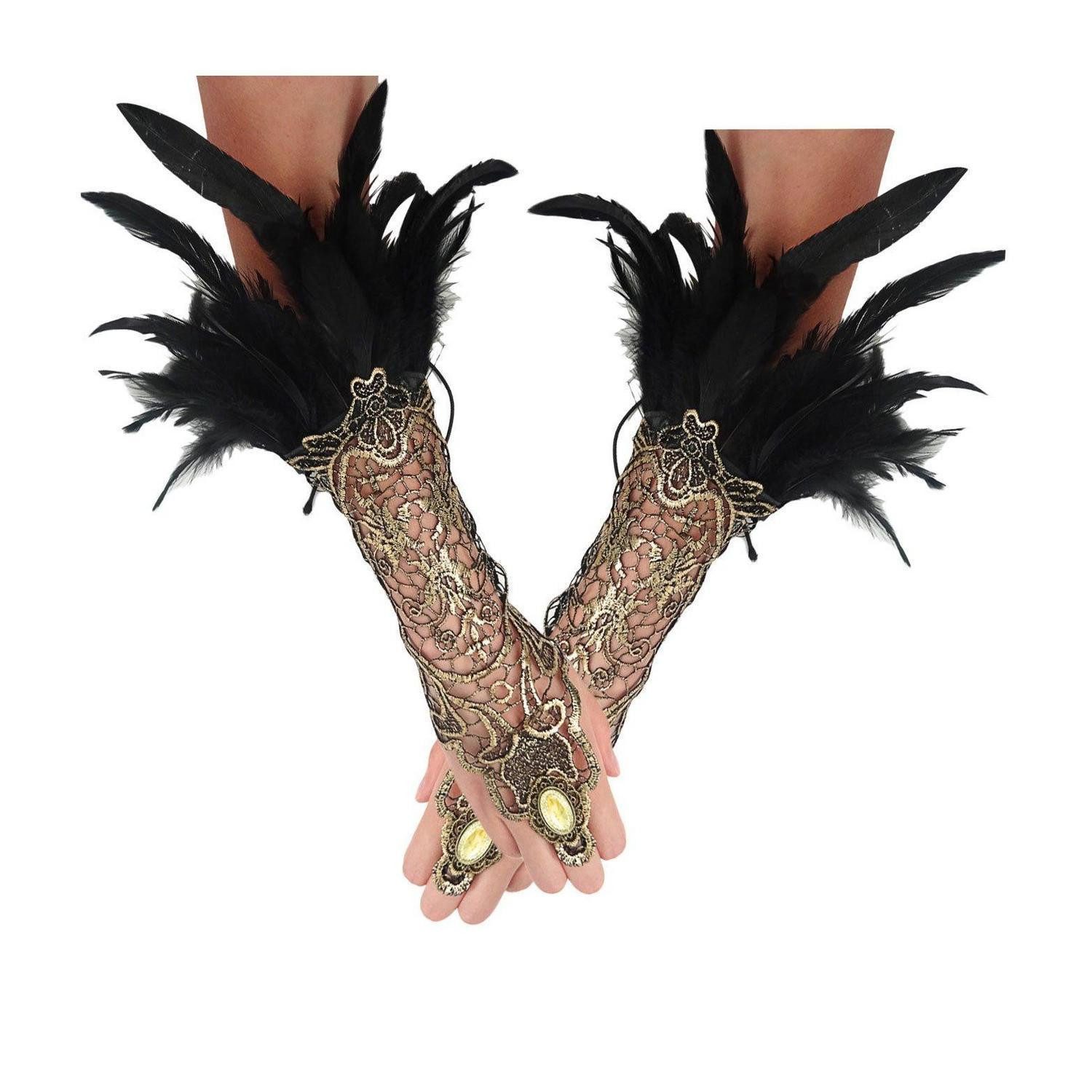 LuxusKollektion Abendhandschuhe Spitzenhandschuhe mit Federn Schwarz/Gold (2-St)