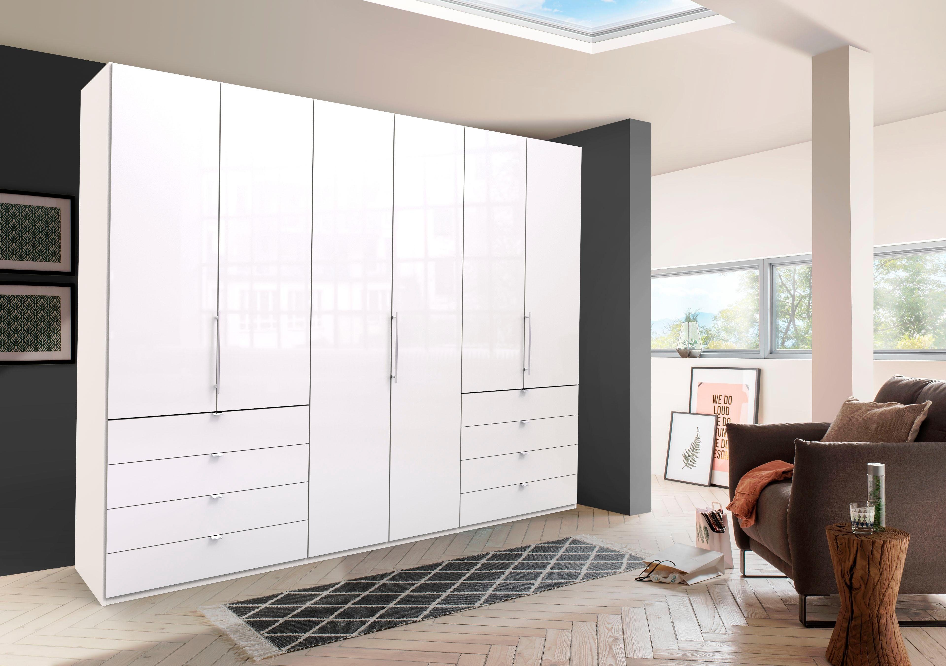 WIEMANN Falttürenschrank Loft, Kleiderschrank, Schrank, Wäscheschrank, mit Glasfront (3 Breiten, 2 Höhen 216/236 cm auswählbar, MADE IN GERMANY) inkl. gepämpften Schubkästen und Türen, mit Panoramaöffnung