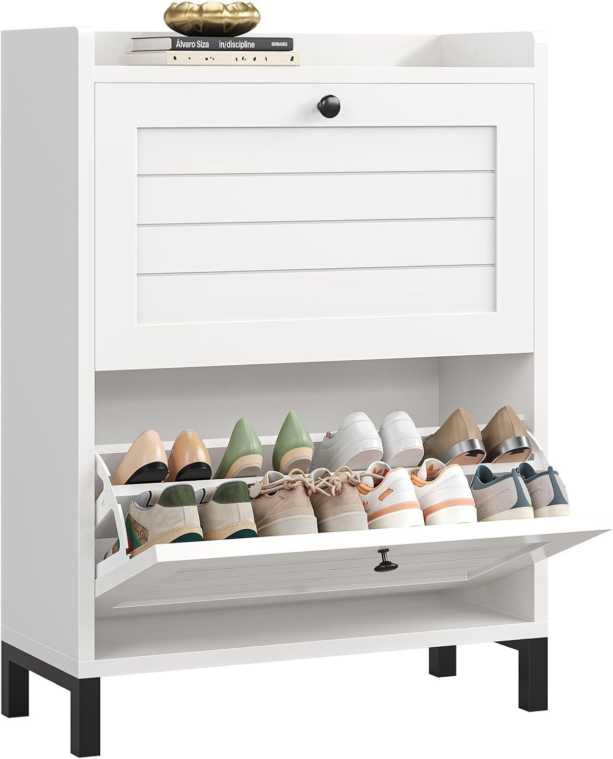 MSMASK Schuhschrank mit 2 Klappen, Verstellbare Böden für Flur, Eingangsbereich, Weiß (1-St) 30T x 80B x 90H cm, Weiß, Verstellbare Trennwände