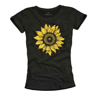 MAKAYA Print-Shirt Damen Sonnenblume Blume Druck Floral Sunflower Hippie Mode Top Kurzarmshirt, Schwarz