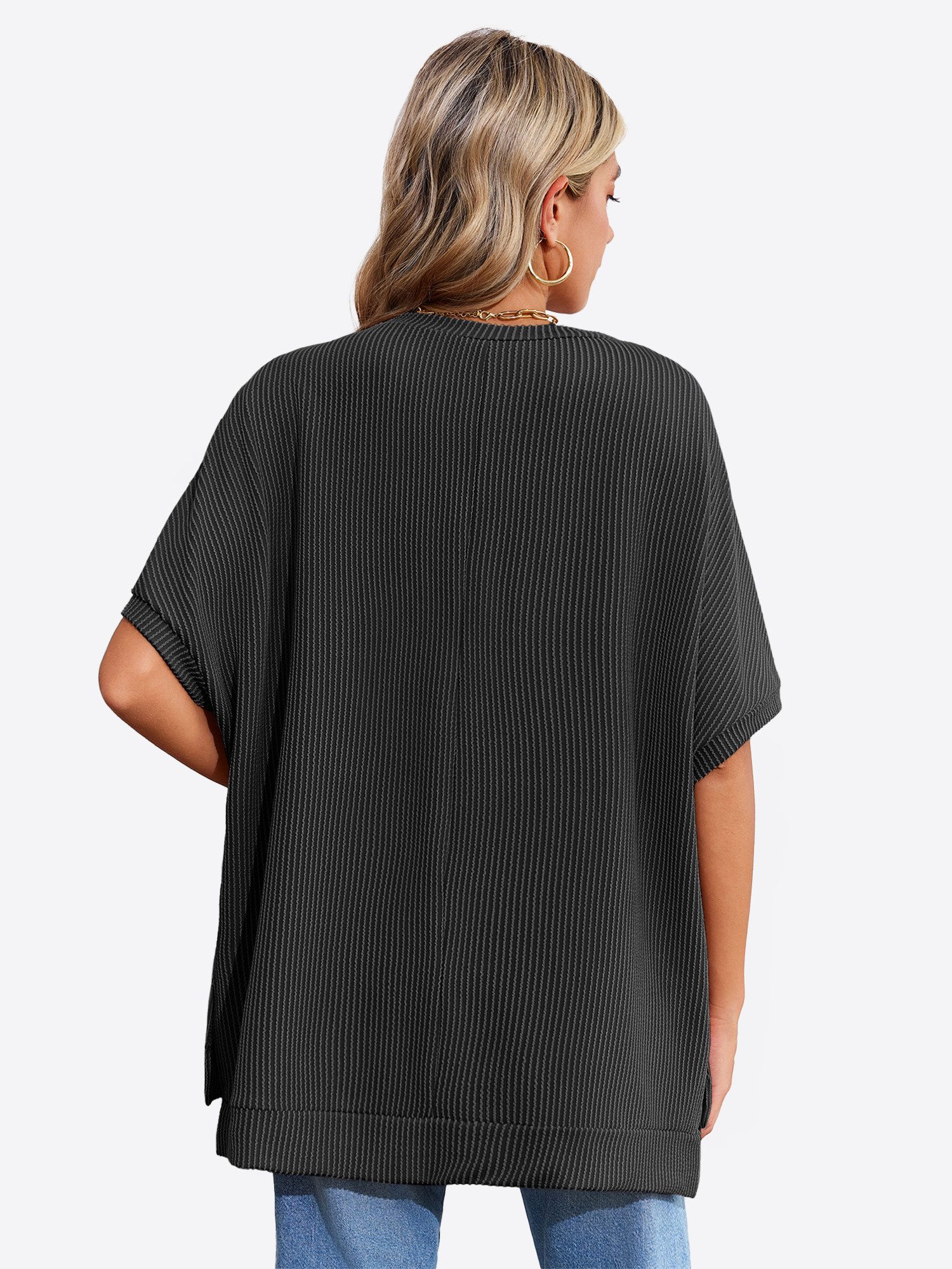 Imily Bela T-Shirt Damen Oversized Fledermausärmel Top Gerippt Loose (Packung, 1-tlg., 1per-Pack) Halbarm Stricken in Unifarbe – Bild 2 von 5
