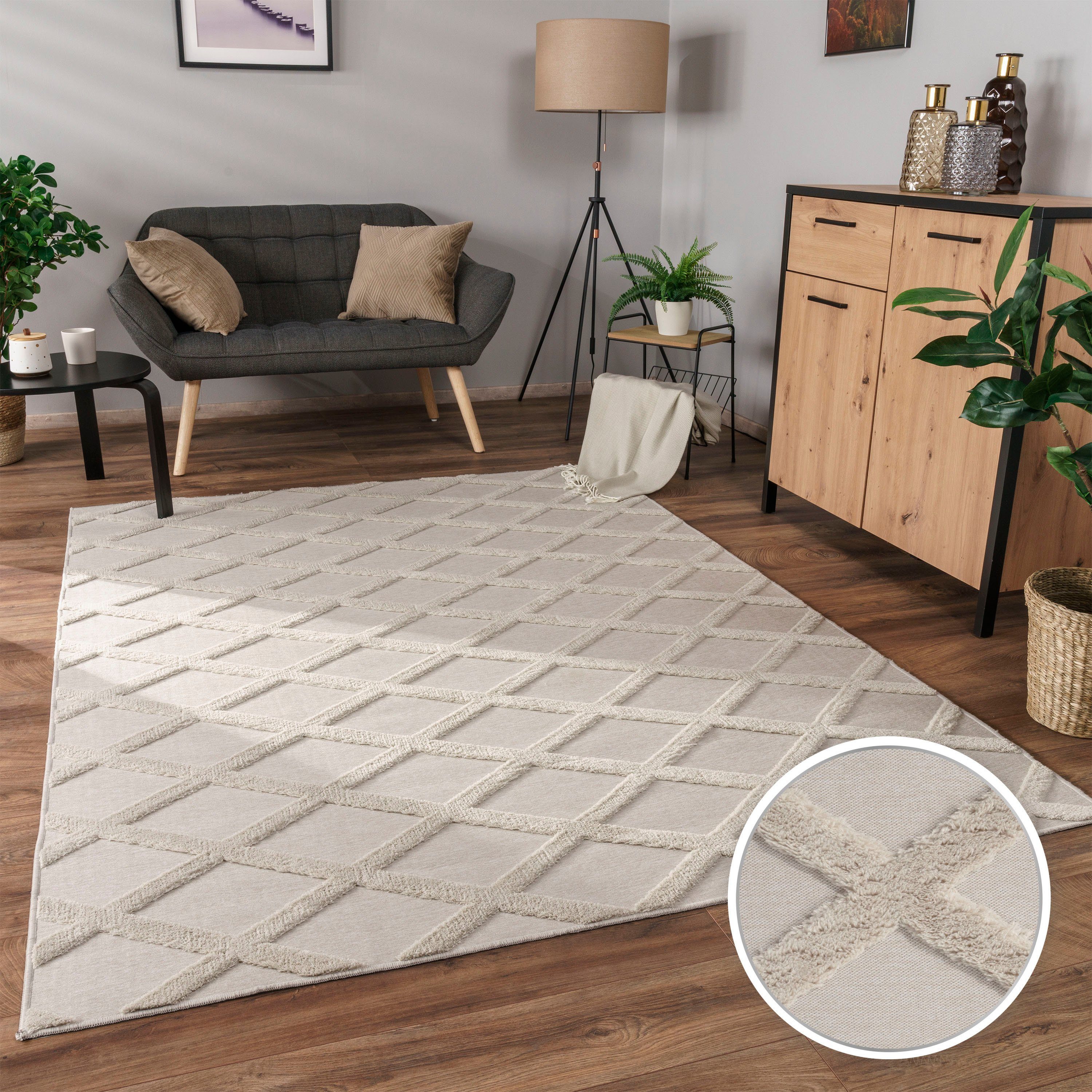 Paco Home Teppich Utrecht 642, rechteckig, Höhe: 4 mm, Kurzflor, Uni Farben, 3D-Design, Rauten Muster, Hoch-Tief Effekt