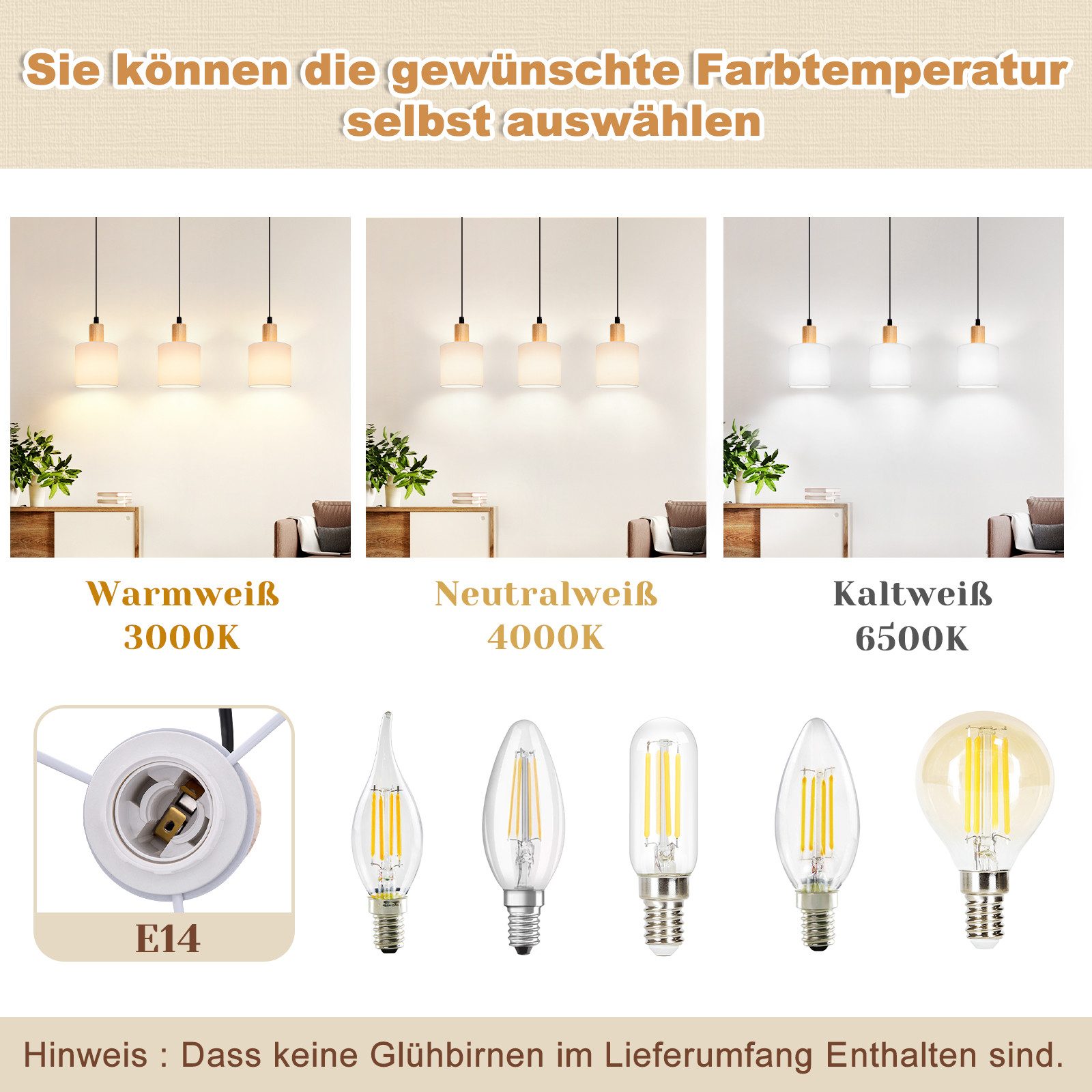 ZMH Pendelleuchte Esszimmer 3 Flammig Weiß E14 Hängeleuchte Vintage Holz Treppenhaus, Einfache Installation, ohne Leuchtmittel, Weiß Rustikal Stoffschirm für Küche Wohnzimmer