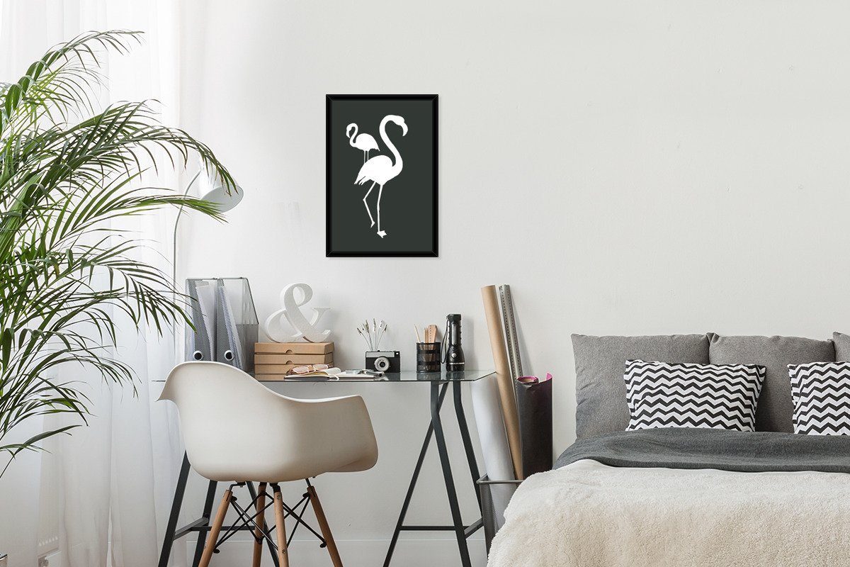 MuchoWow Poster Illustration Bilderrahmen Gerahmtes Wanddeko, - Schwarzem Weiß, Poster, - Flamingo Wandposter, (1 Bilder, St)