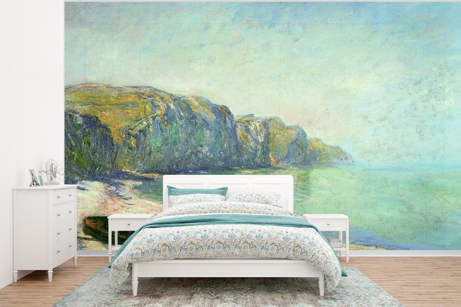 MuchoWow Fototapete Boote am Strand von Pourville bei Ebbe - Gemälde von Claude Monet, Matt, bedruckt, (6 St), Wallpaper für Wohnzimmer, Schlafzimmer, Kinderzimmer, Vinyl Tapete
