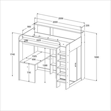 Parisot Hochbett Higher (Stauraumbett Liegefläche 90x200 cm) mit Schreibtisch, mit Kleiderschrank