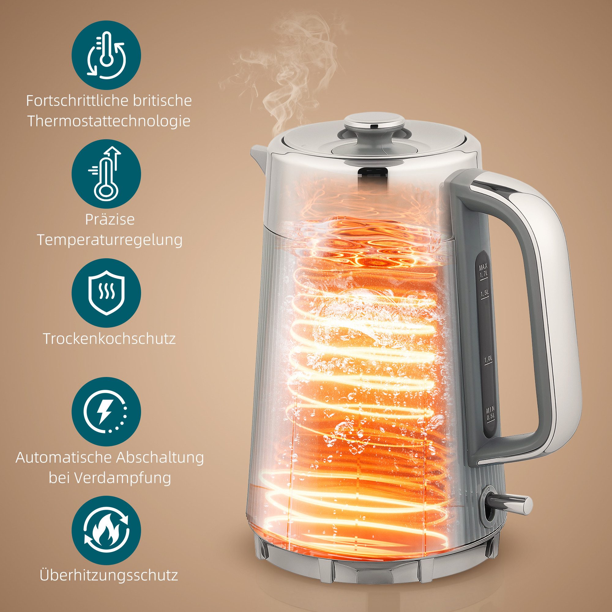 HOMCOM Frühstücks-Set Wasserkocher Toaster Set 1,7L mit Edelstahl-Innenraum 2200W (2-tlg), 4 Scheiben Toaster mit 7 Bräunungsstufen, Kalkfilter – Bild 4 von 5