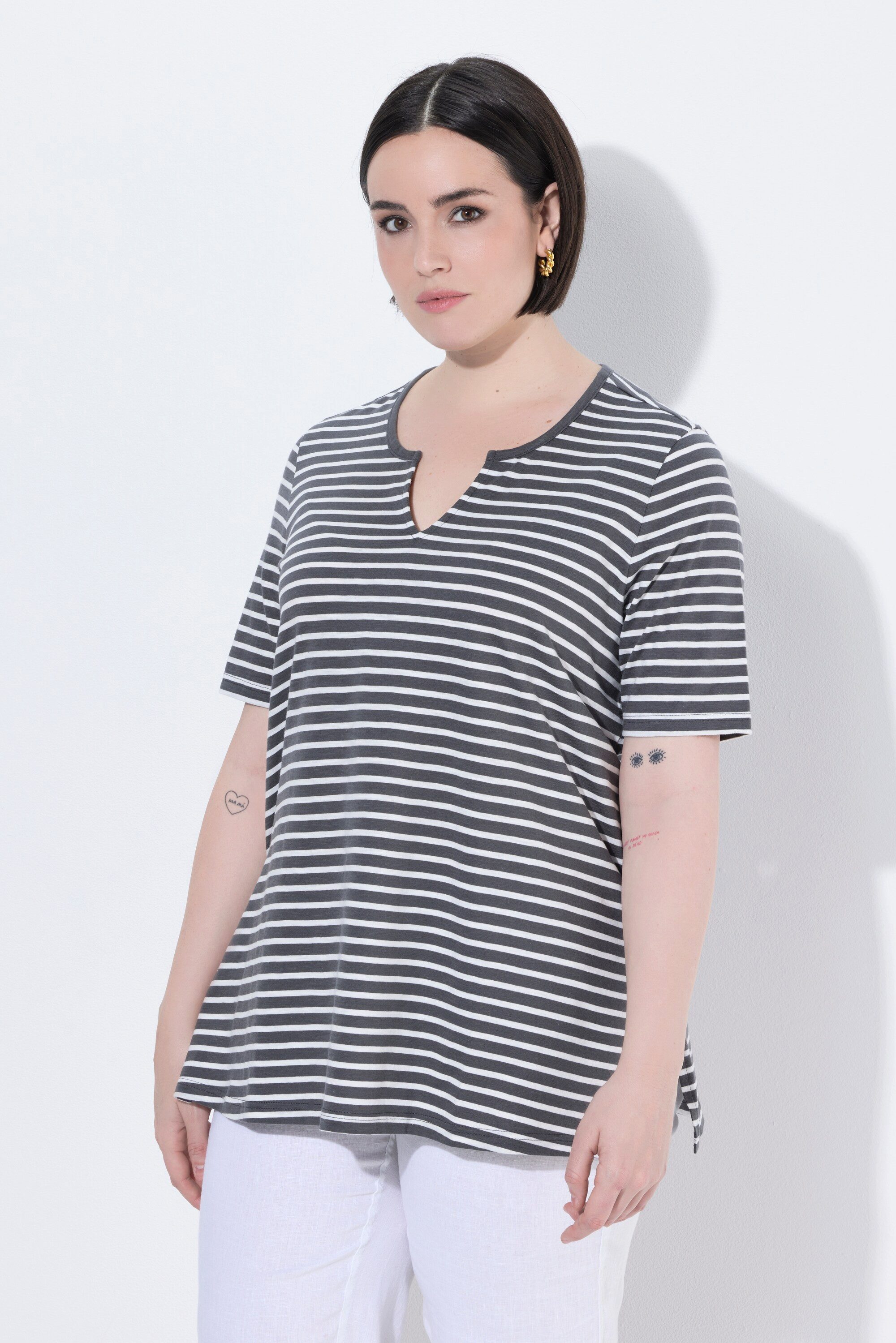 Ulla Popken Longshirt Longshirt Ringel A-Linie Rundhals Halbarm