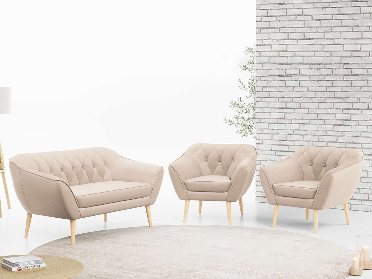 MKS MÖBEL Sofa PIRS 2 1 1, Moderne Sofa Set, Skandinavische Deko, Pirs Loungesofa und Zwei Sessels Beige Casablanca