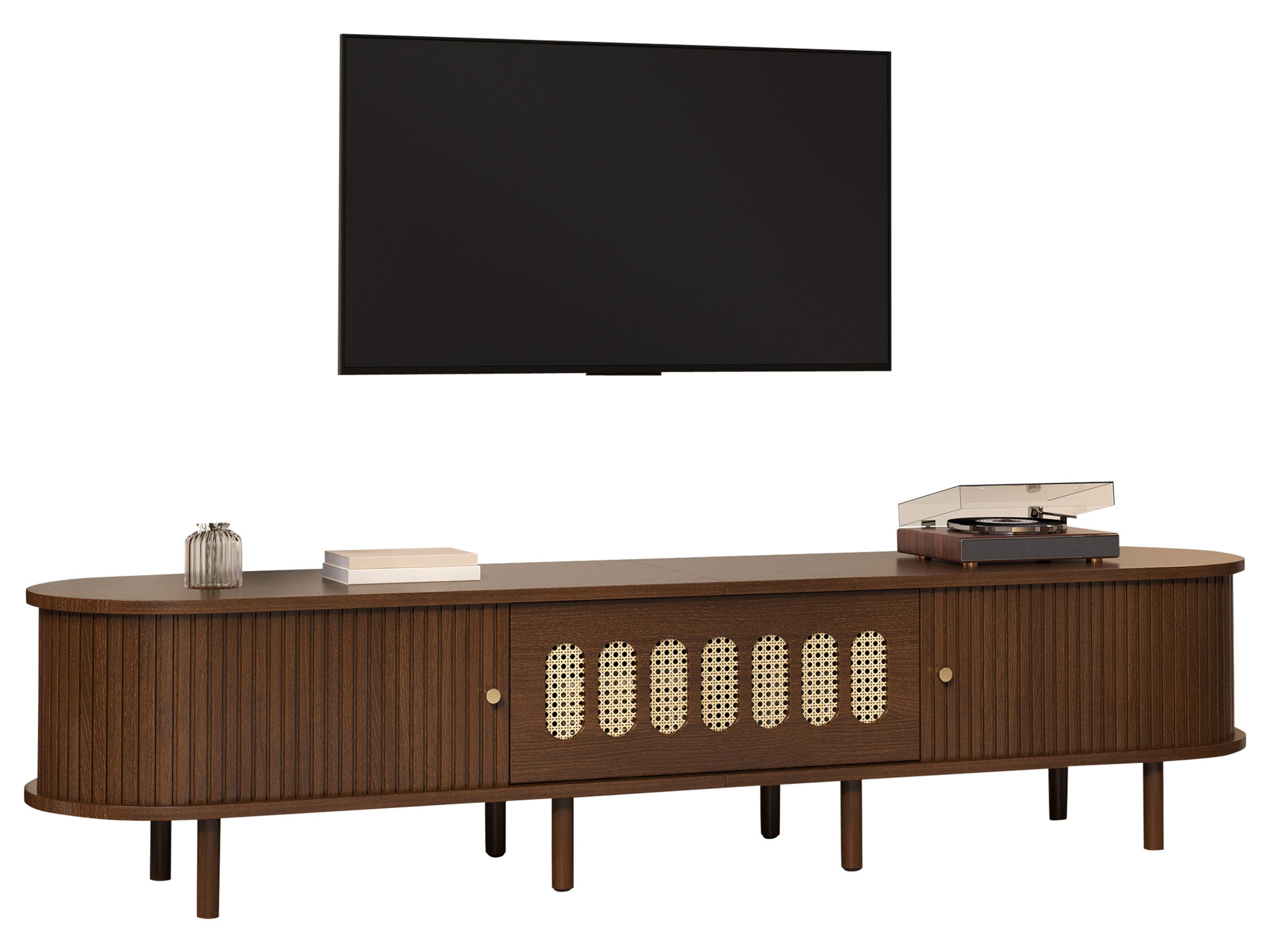 SeedWave Lowboard 180cm Ovaler TV-Schrank mit Rattan-Fronten, Schiebetüren & Stauraum, Fernsehschrank mit Klappdeckel, 8 Stützfüßen