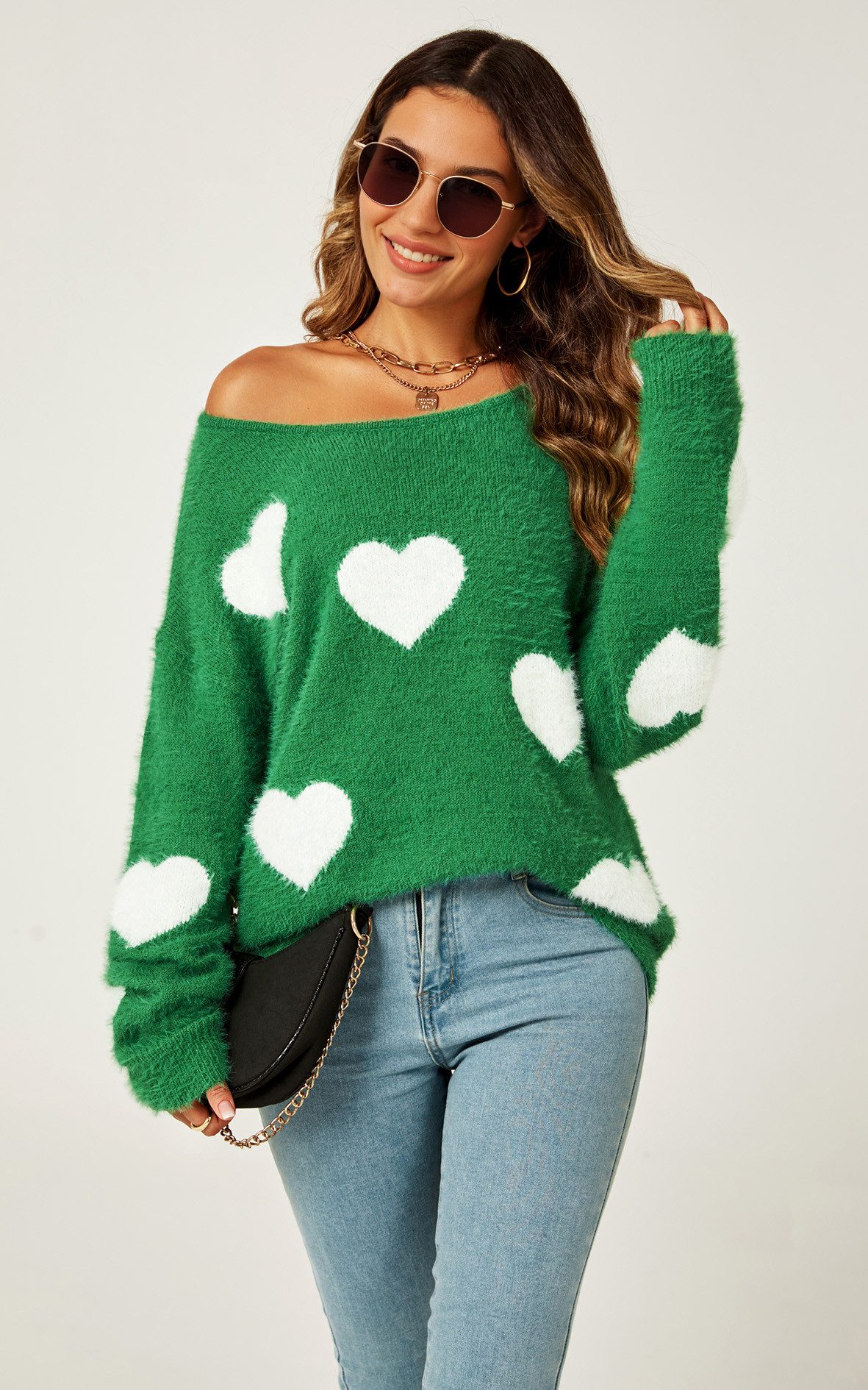 FS Collection Strickpullover Weißer Pullover mit Herzmuster in Grün – Lange günstig online kaufen