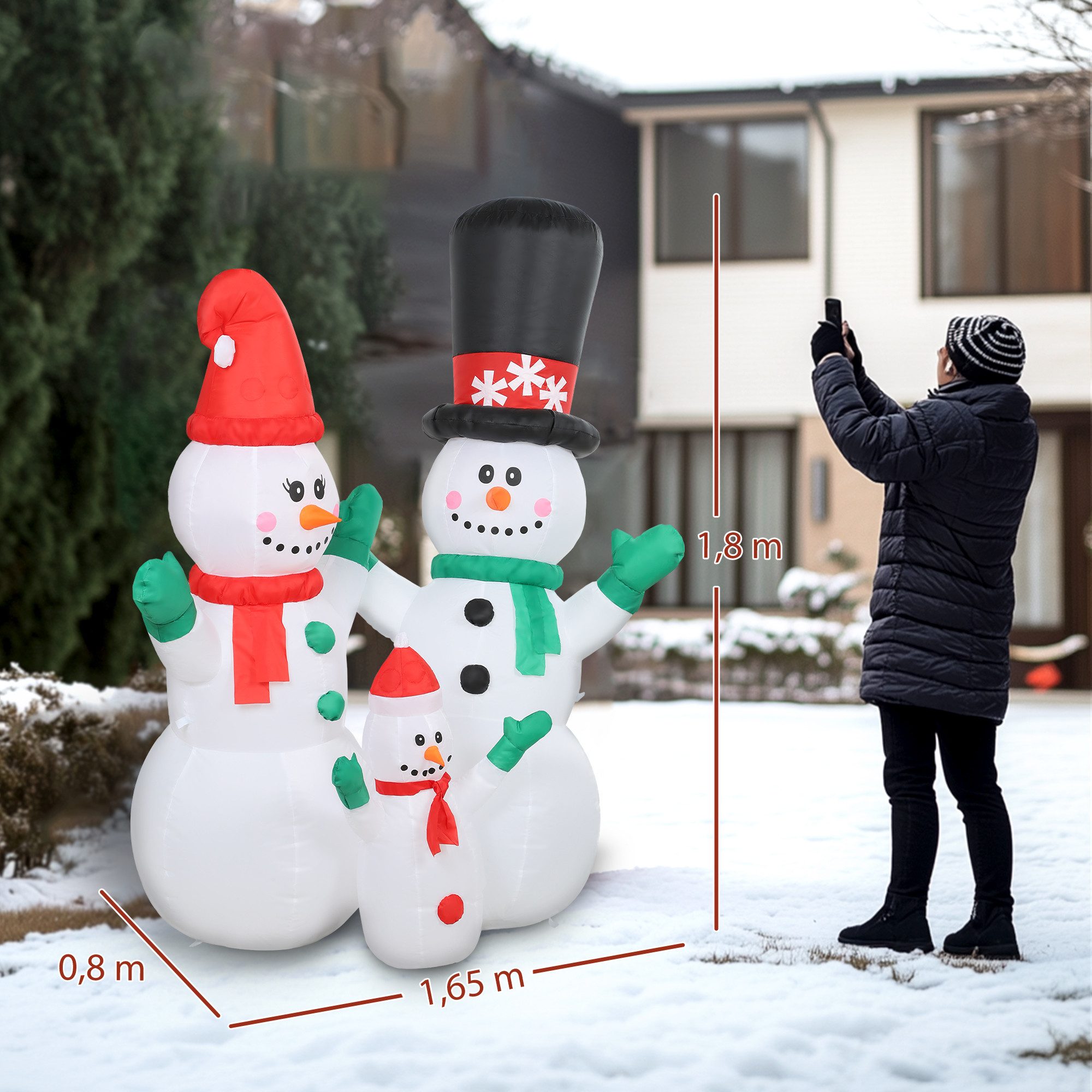 Outsunny Weihnachtsfigur Aufblasbar Schneemann Familie 1,8m Gartendeko, für innen/außen (Weihnachtsdekoration Set, 1 St., Weihnachtsbeleuchtung), Selbstaufblasend, LED-Beleuchtung