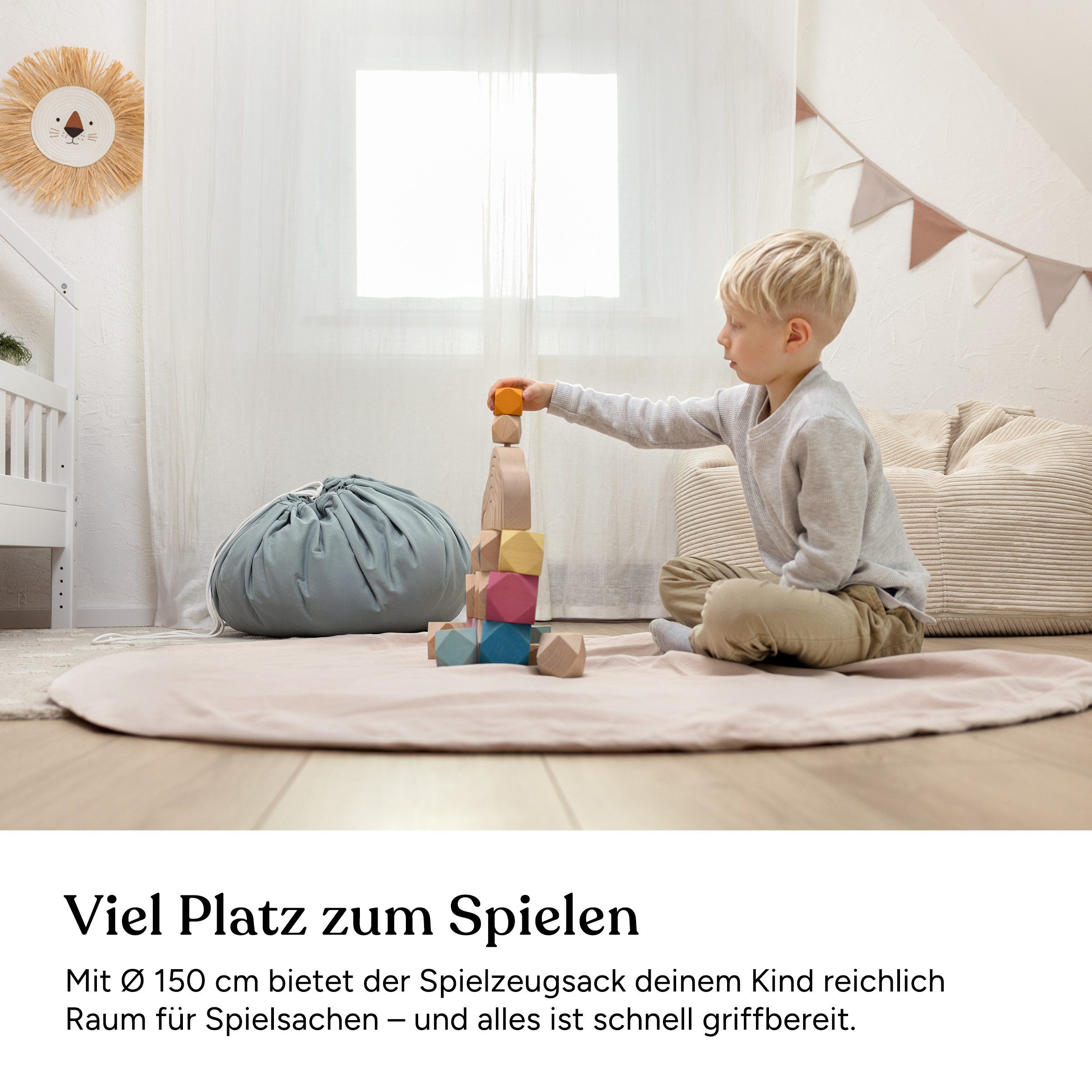 Ehrenkind Lernspielzeug 2in1 Spieldecke & Spielzeugsack Ø 150 cm aus Bio-Baumwolle (Spieldecke & Aufbewahrung, Hellgrau), Kinderzimmer Ordnung & Spielspaß