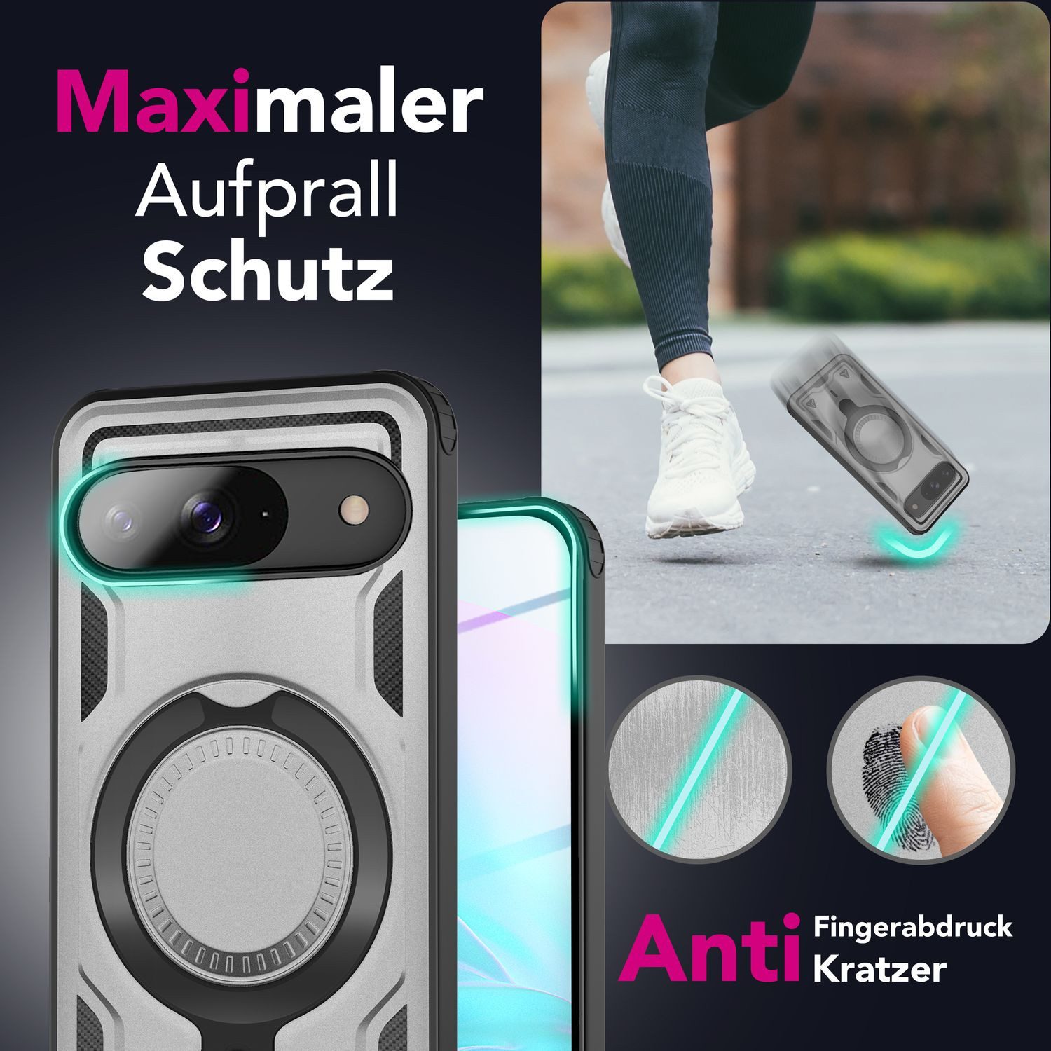 Nalia Smartphone-Hülle Google Pixel 9, Panzer Militärschutz / Extrem Robust / Magsafe / 360° Ring / Kickstand