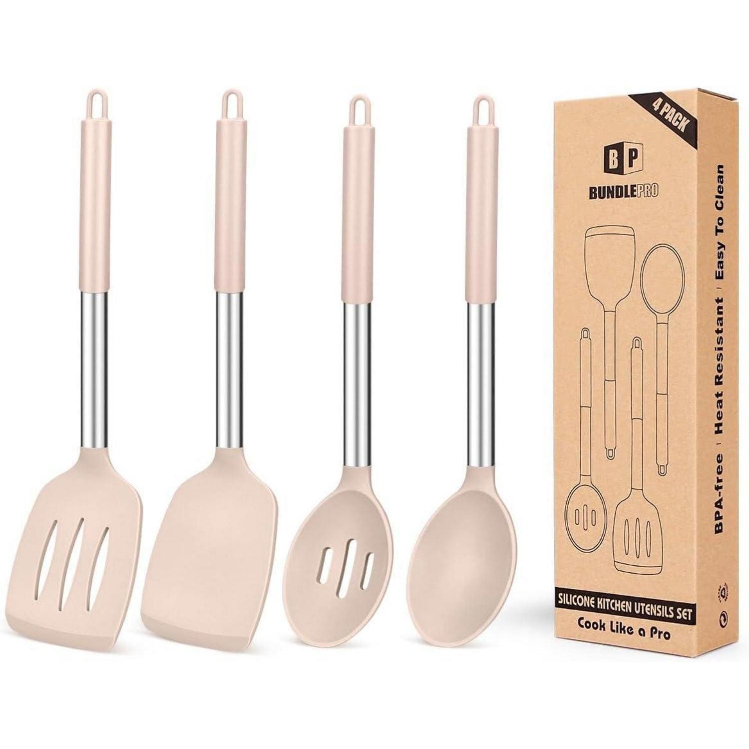LuxusKollektion Kochbesteck-Set Kochutensilien Silikon Set Spatel Küchenwender BPAfrei Edelstahl-khaki