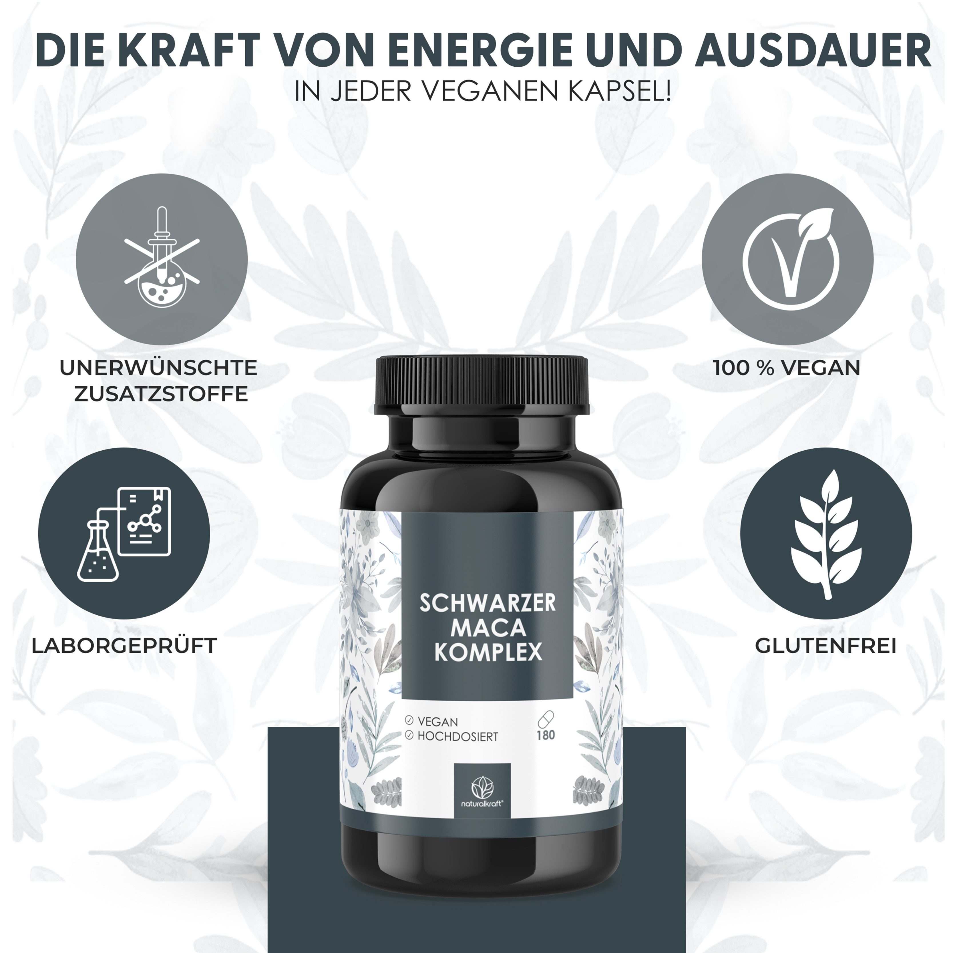 Naturalkraft Schwarzer Maca Komplex mit Ginseng – 180 vegane Kapseln, geprüft Kapseln, 108 g
