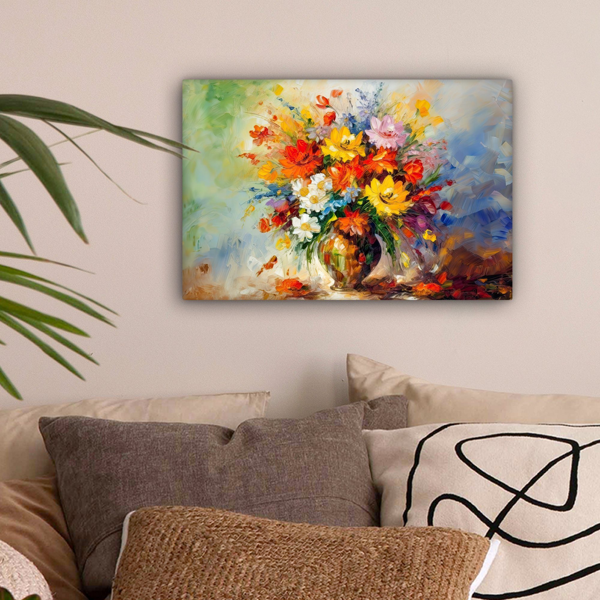 OneMillionCanvasses® Leinwandbild Blumen - Bunt - Ölfarbe - Blumentopf, Fotodruck (1 St), Leinwand Bilder Klein, Wand Dekoration Aesthetic 30x20 cm