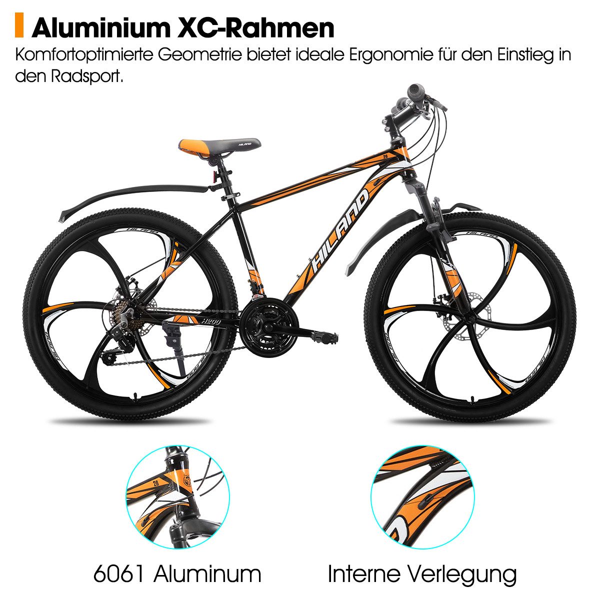 HILAND Mountainbike 26 Zoll Mountainbike für Erwachsene für Männer, Frauen, Studenten, 3-Speichen-Räder, 18-Gang, mit Schutzblechen, Doppelscheibenbremsen
