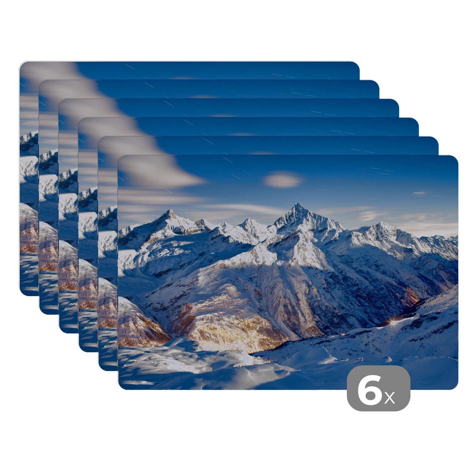 Tischmatten, Schnee, Platzmatte, Alpen Berg - - Platzset, Platzdecken, Platzset, Schmutzabweisend (6-St), MuchoWow,