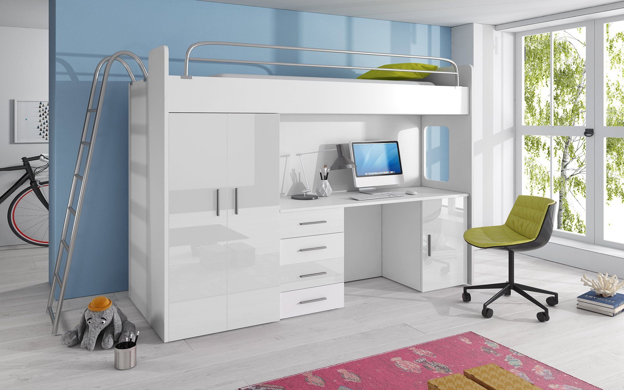 Baidani Hochbett Study All-in-One-Kinderzimmerkombination günstig online kaufen