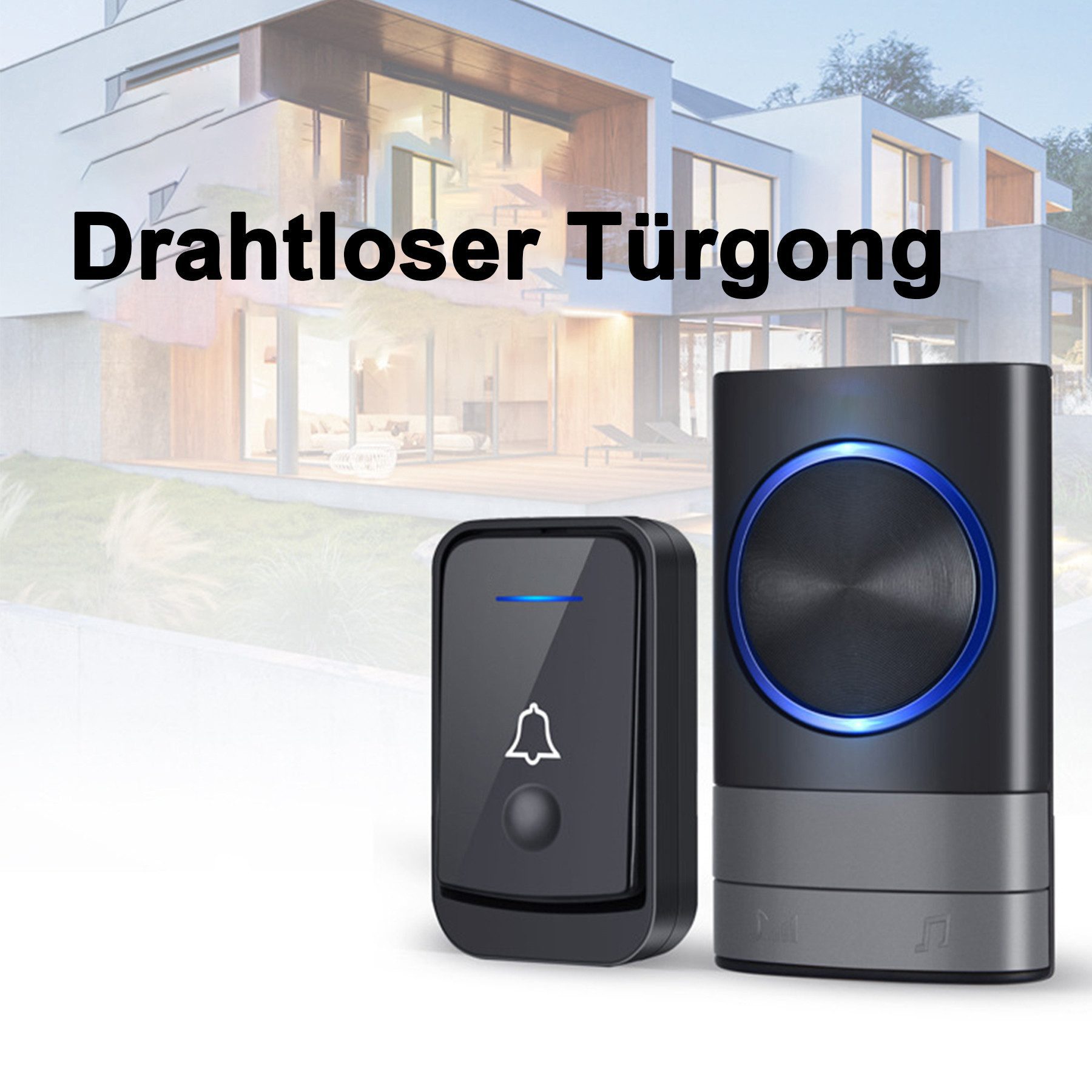 Senmudi Smart Home Türklingel Funkklingel, Kabellose Türklingel Funk Set 200m Reichweite (IP44 Aussen Wasserdicht Haustür Klingel, mit 2 Plug-In-Empfänger und 1 Sender, Personenerkennung, Wasserdicht,für Haus, Büro, Hotel, Villa, Wohnung)