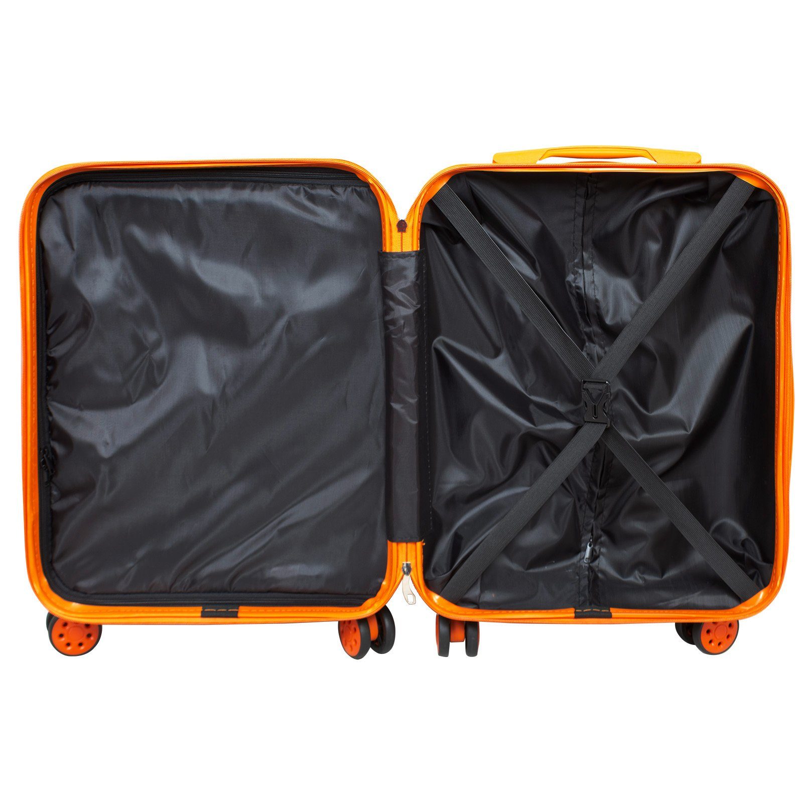 2 Santorin, (ABS), leicht schwarz-orange Trendyshop365 Tragegriffe, 3 tlg., Rollen, Zahlenschloss, (Trolley, Zwillingsrollen, 4 Kofferset und robust Hartschale