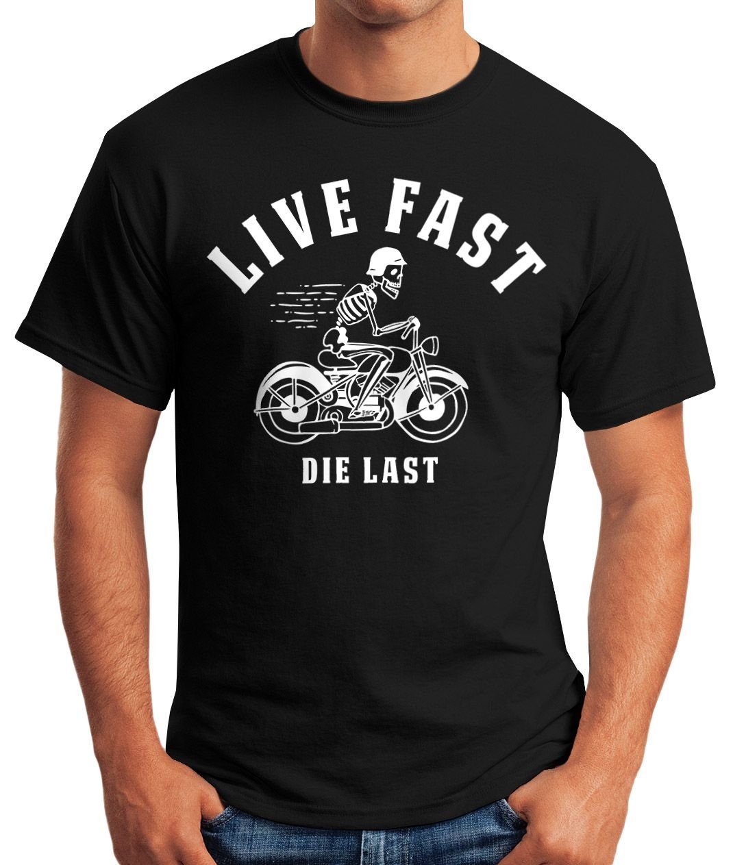 T-Shirt Herren Die mit Fast Moonworks® Spruch Live Print schwarz Print-Shirt MoonWorks Fun-Shirt last Fun