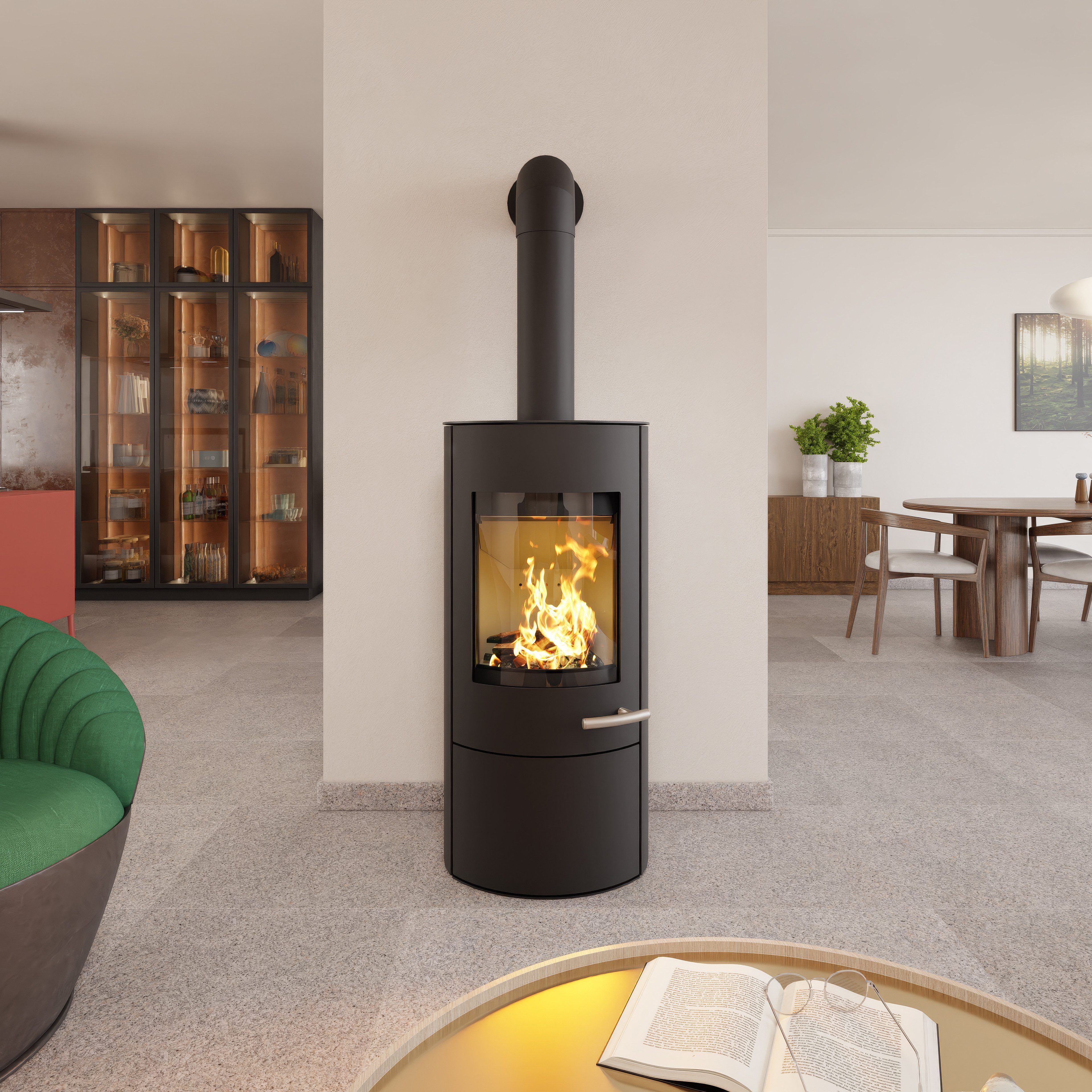 Haas + Sohn Kaminofen SOLIDO Stahl, tief-schwarz, mit Kochplatte, mit Holzfach und Türe, Zeitbrand