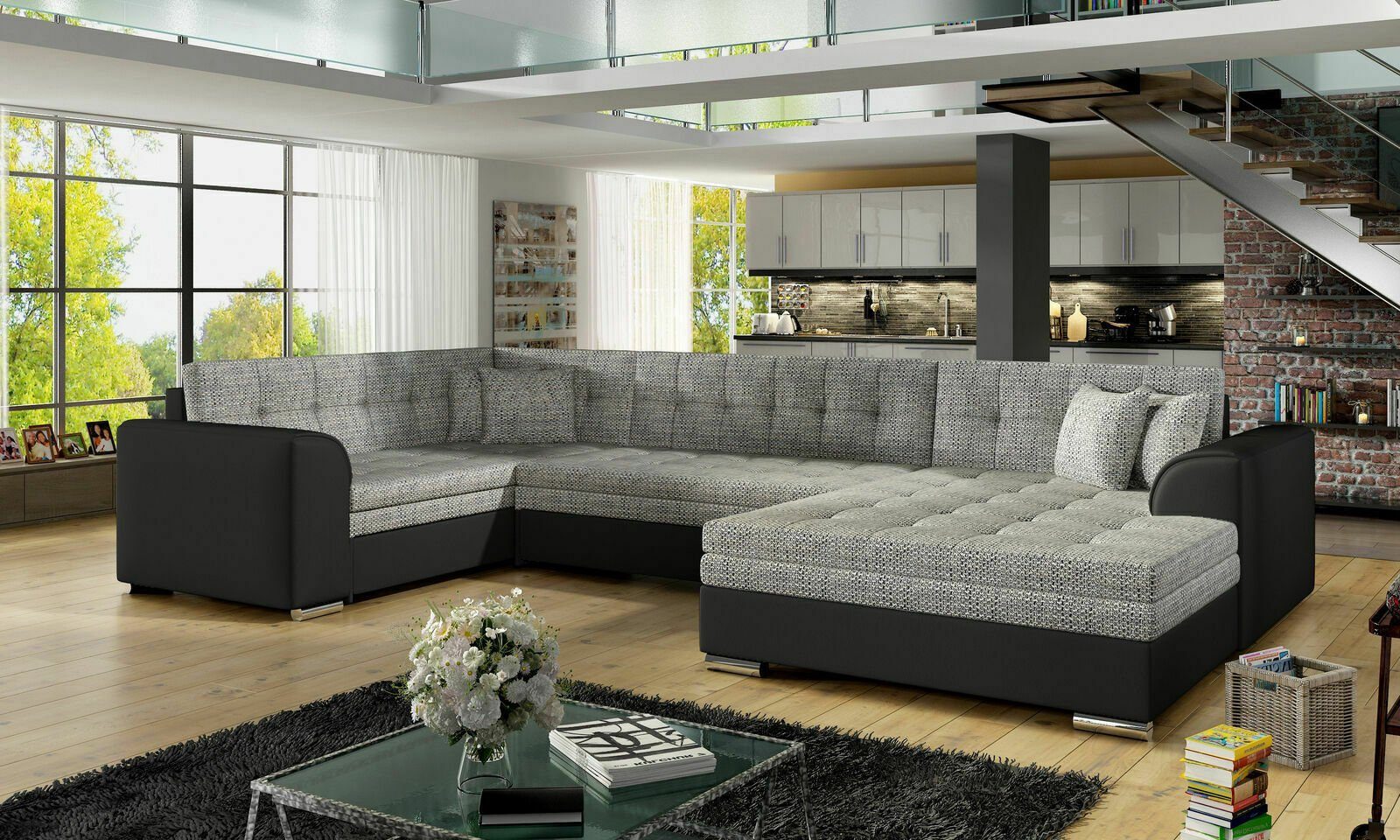 JVmoebel Ecksofa Design Ecksofa Schlafsofa Bettfunktion Couch Leder Textil Polster, Mit Bettfunktion Grau/Schwarz