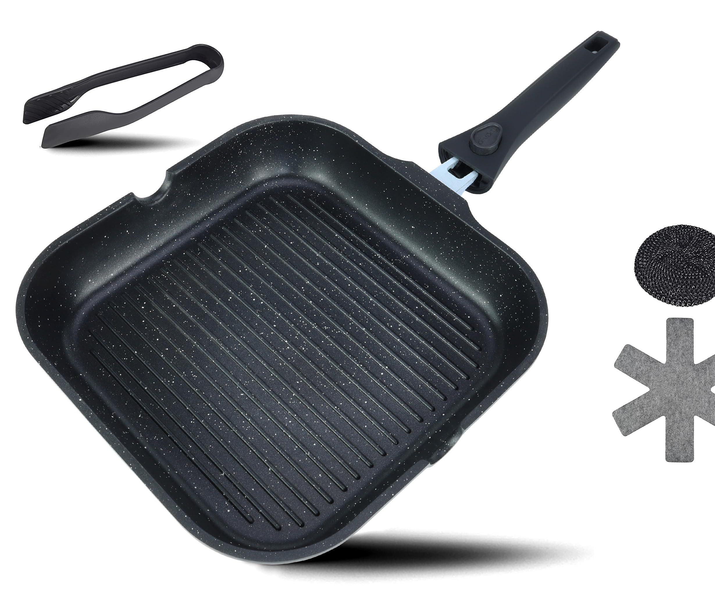 divory Grillpfanne 28x28cm mit Ausguss und abnehmbaren Griff, Aluminium (Steakpfanne induktion), Beschichtete Pfanne für den Grill inkl. Grillzange und Pfannenschoner