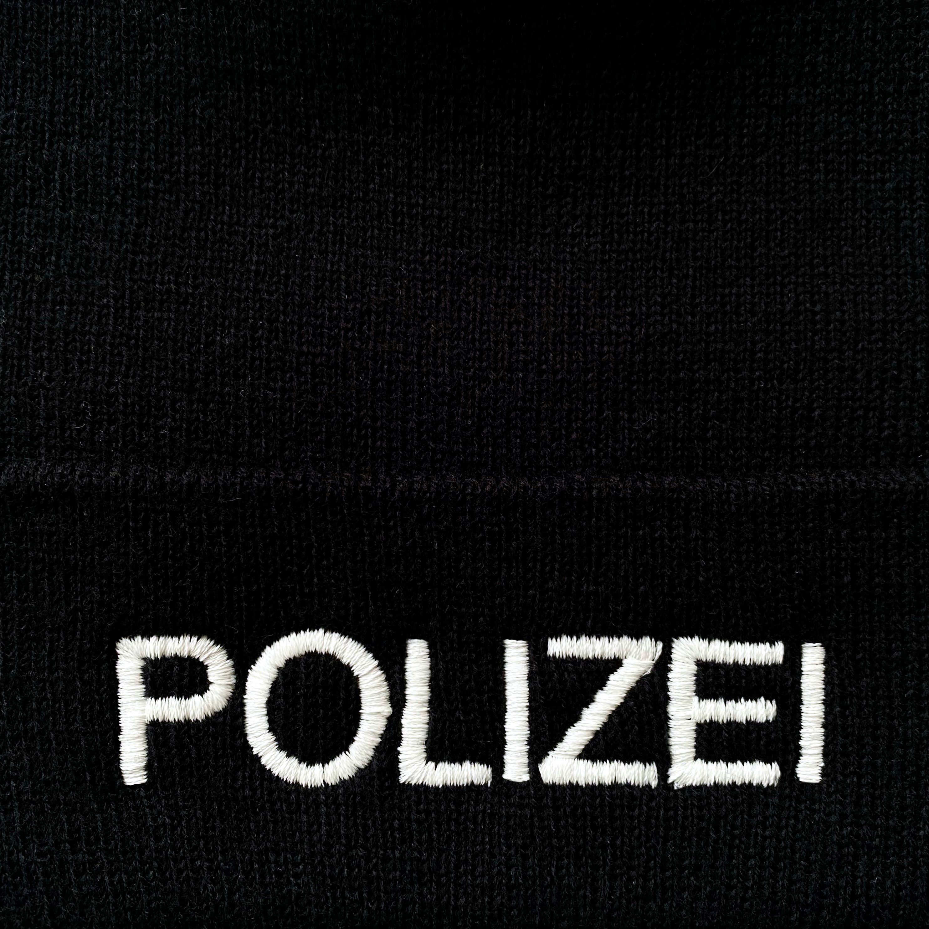 Schnoschi Strickmütze Strickmütze mit Polizei Umschlag Umschlag mit (Beanie mit bestickt schwarz Mütze) breiten