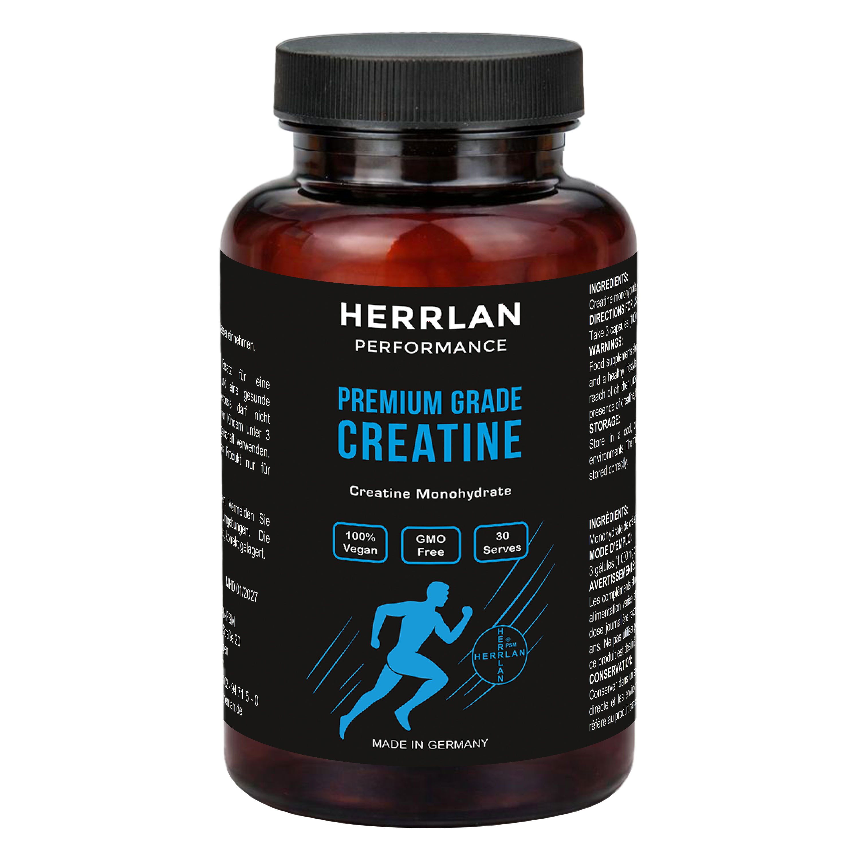 HERRLAN HERRLAN® Creatine Monohydrat - Kapseln, 90 St., 90 g, 30 Portionen, mikrofein & sehr gut löslich, vegan