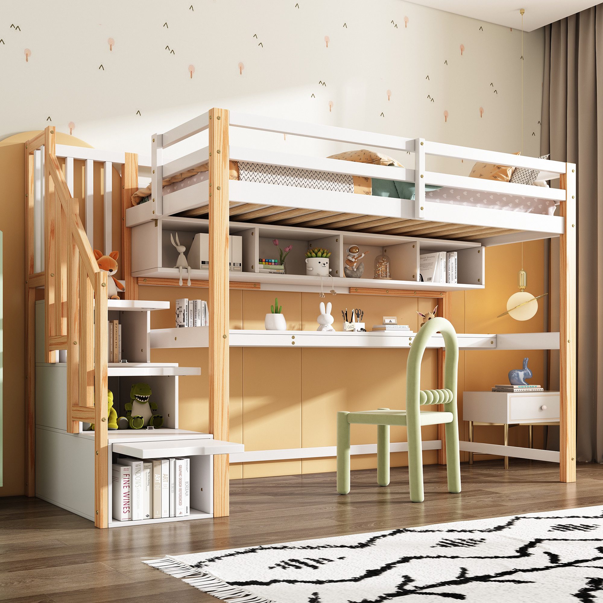 Flieks Hochbett Kinderbett mit Regale, Schreibtisch und Stauraumtreppe 90x2 günstig online kaufen