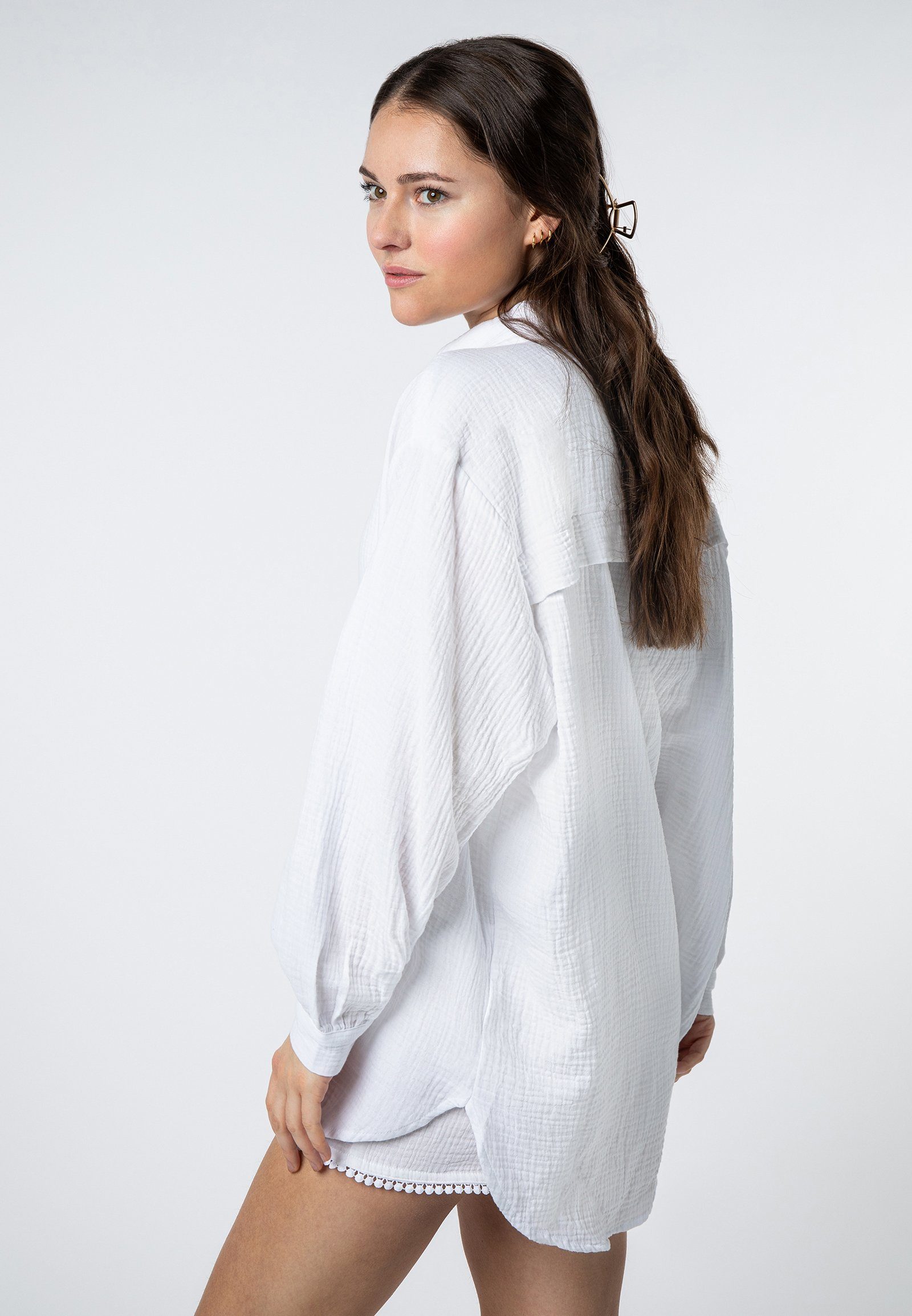 SUBLEVEL Langarmbluse Damen Musselinbluse langarm mit Kentkragen Oversizebluse aus Baumwolle