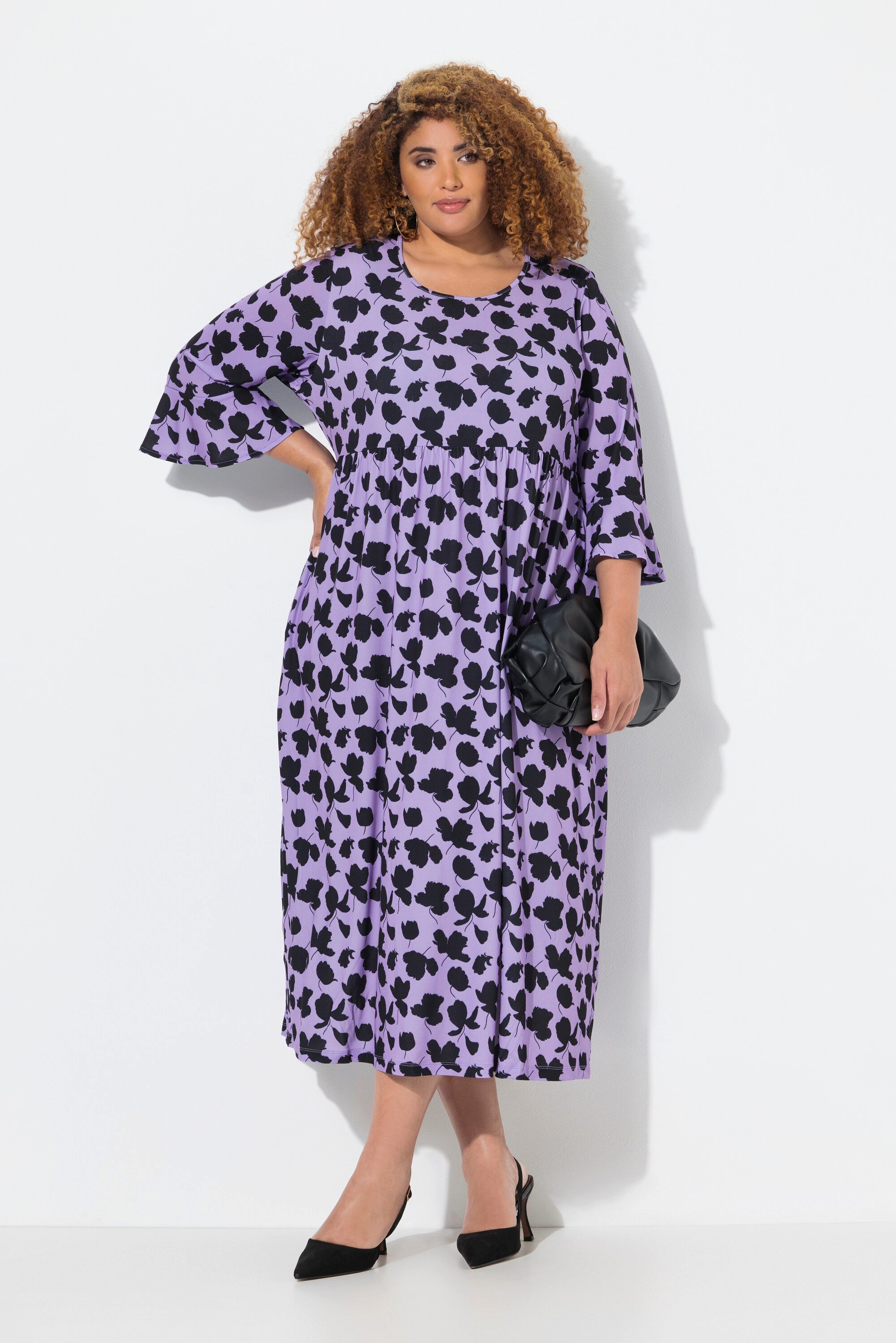 Ulla Popken Maxikleid Jerseykleid A-Linie Rundhals 3/4-Volantärmel