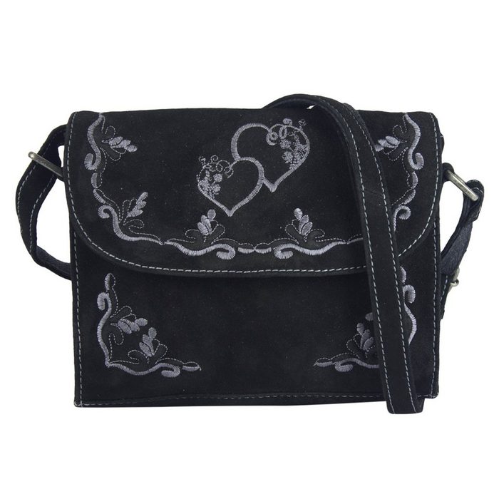 Domelo Umhängetasche Trachtentasche mit Herz Aufdruck Oktoberfest Tasche aus recyceltem Leder schwarze Dirndltasche Aus recycelten Materialien
