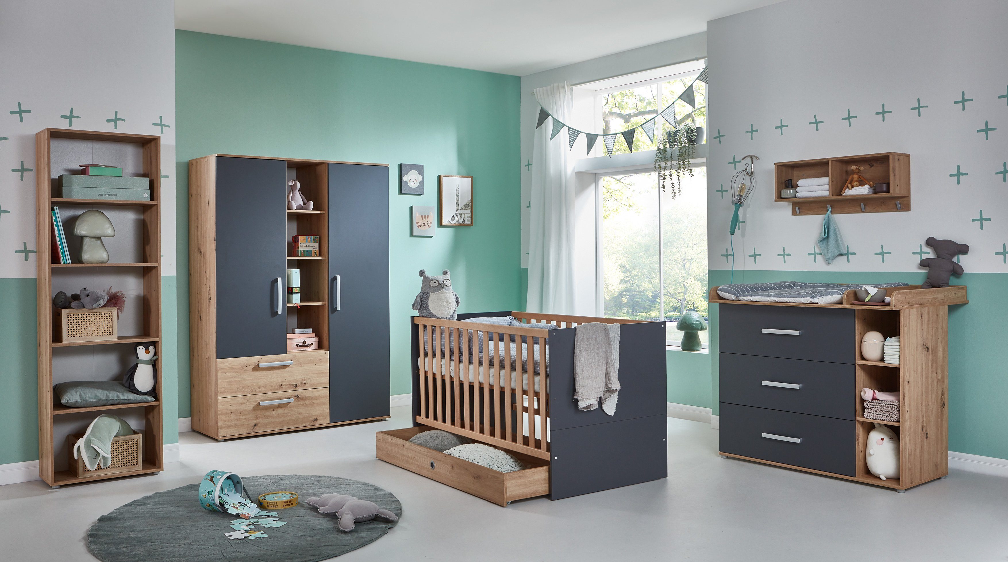 arthur berndt Babyzimmer-Komplettset Babyzimmer-Set »Alessio« 3-teilig, Anthrazit mit Eiche Artisan Dekor, (Set)