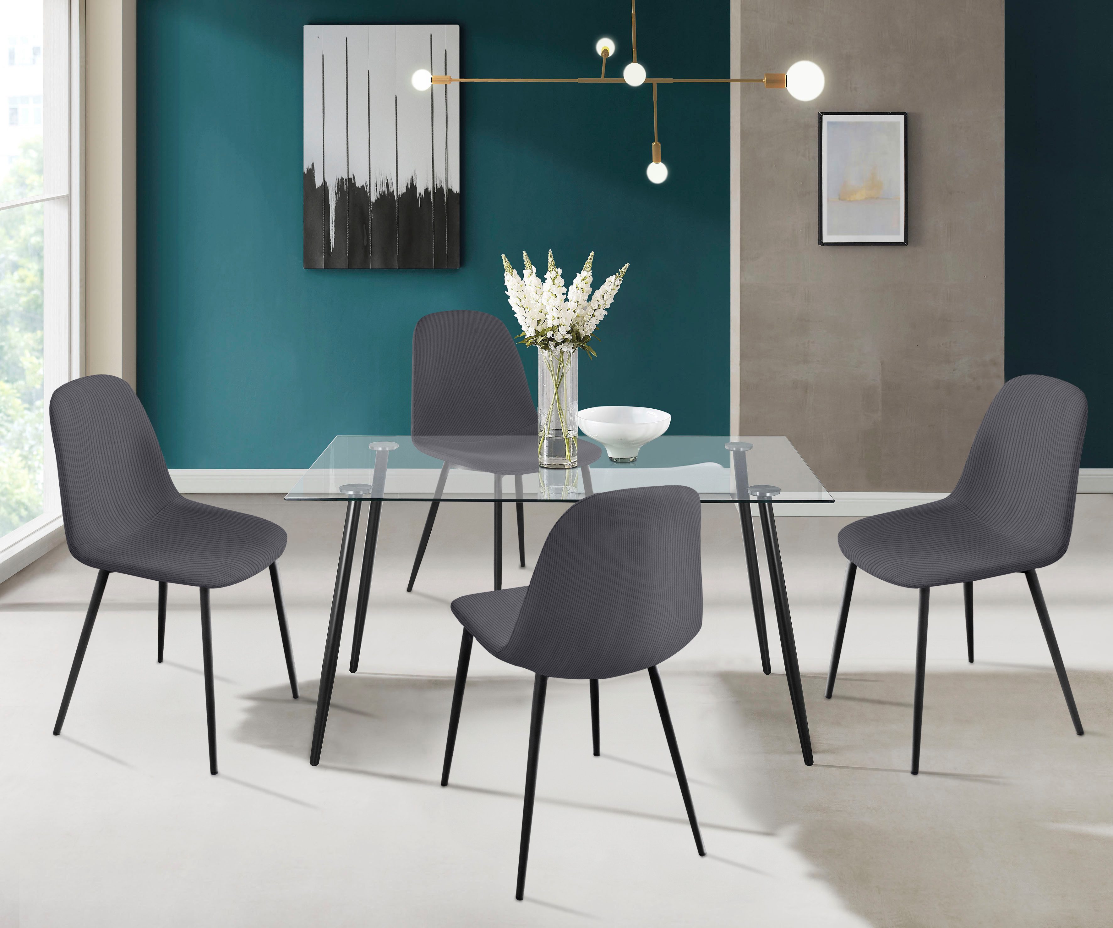 OTTO home Essgruppe Danny-Miller, (Set, 5-tlg., Set 140 cm), Glastisch 140x80 cm mit 4 Stühlen (Cord), Gestell aus Metall