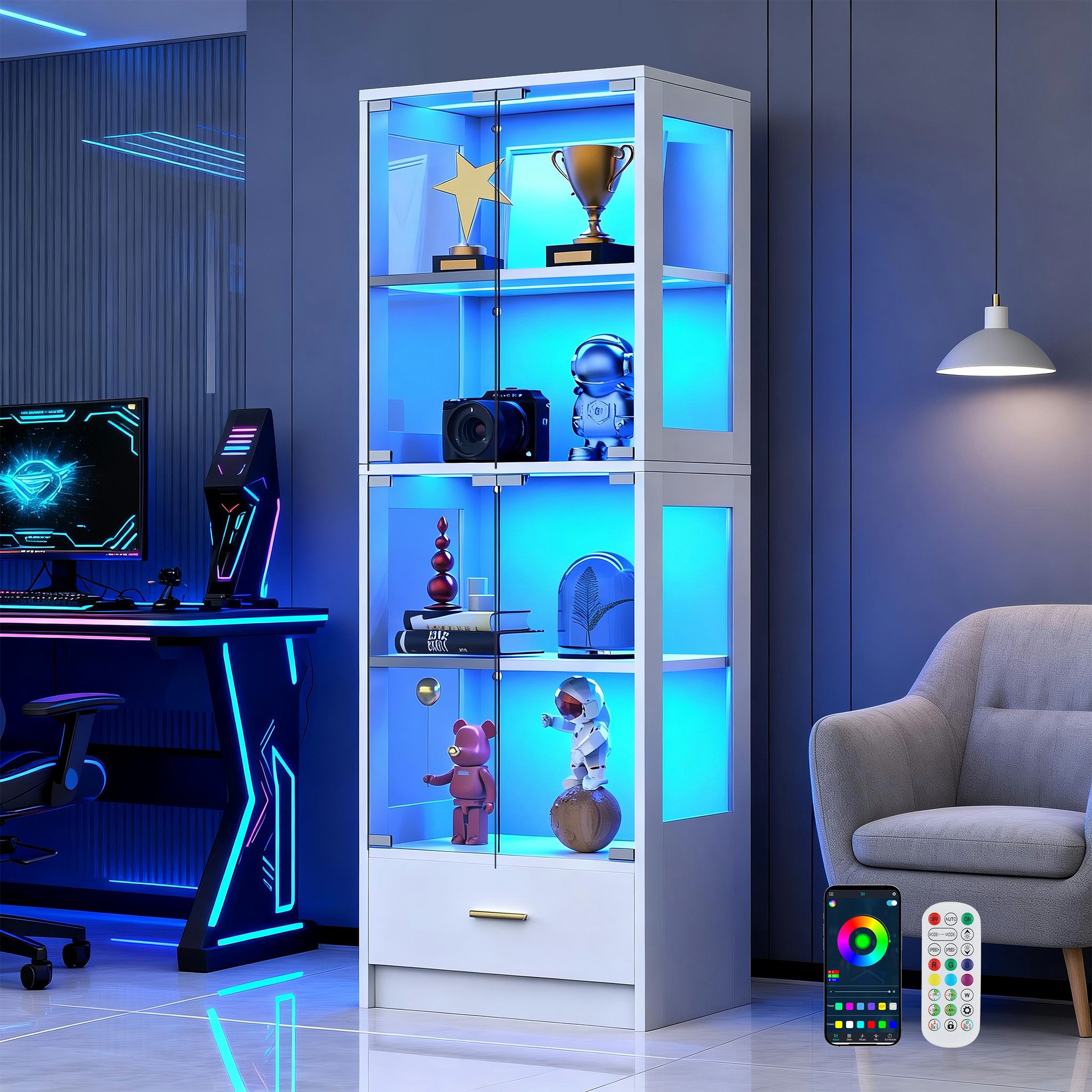 oyajia Standvitrine Glasvitrine mit LED-Beleuchtung und Schubladen (Standregal Schrank Vitrine, 1-St., mit verstellbaren Fachböden) Wohnzimmerschrank mit Glastüren und Stauraum, H:170cm