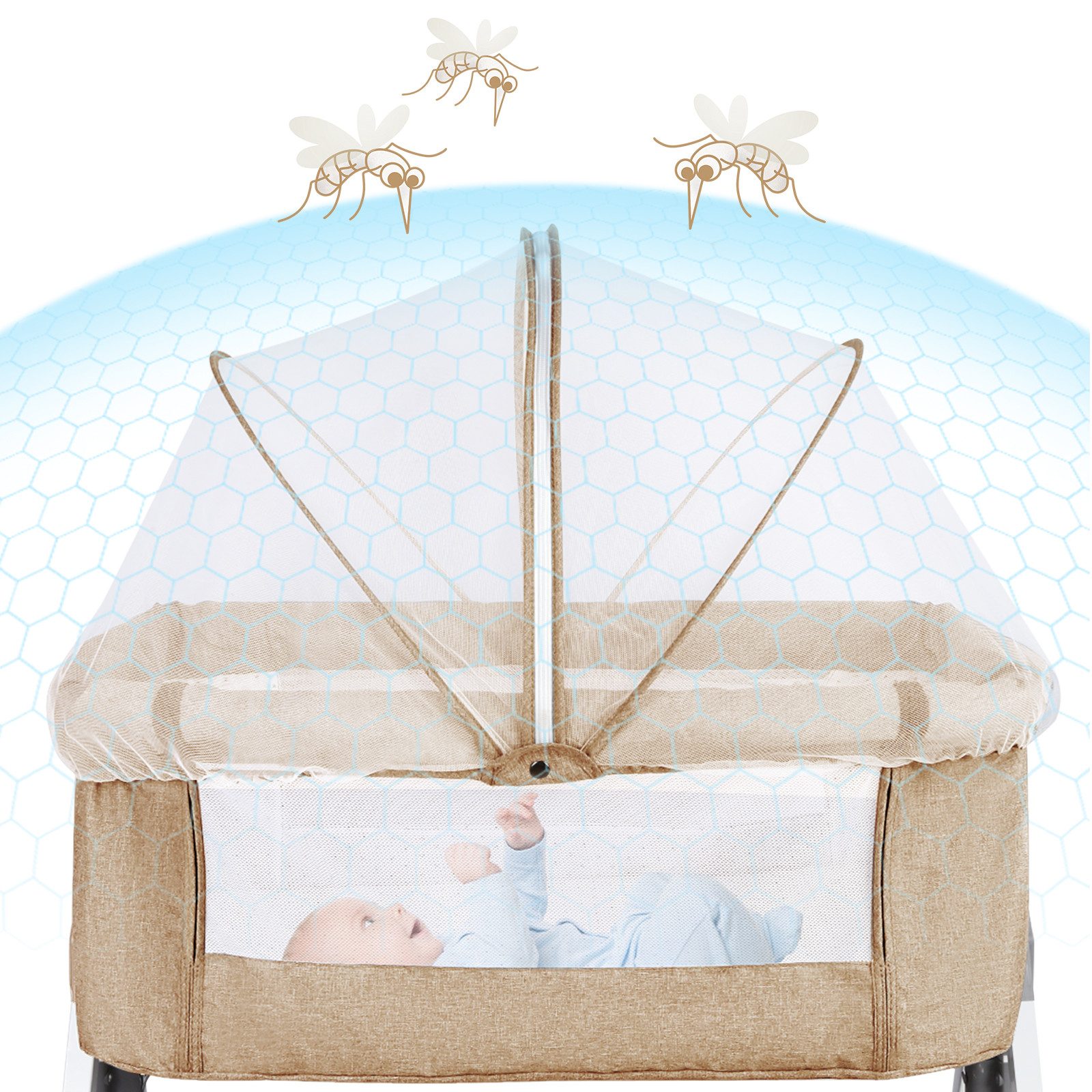 JEOBEST Beistellbett 3 in 1 Babybett, Schaukelmodus, mit atmungsaktivem Netz und Laken, mit Rollen Kinderbett, 6-Fach Höhenverstellung, Moskitonetz, Lagerung