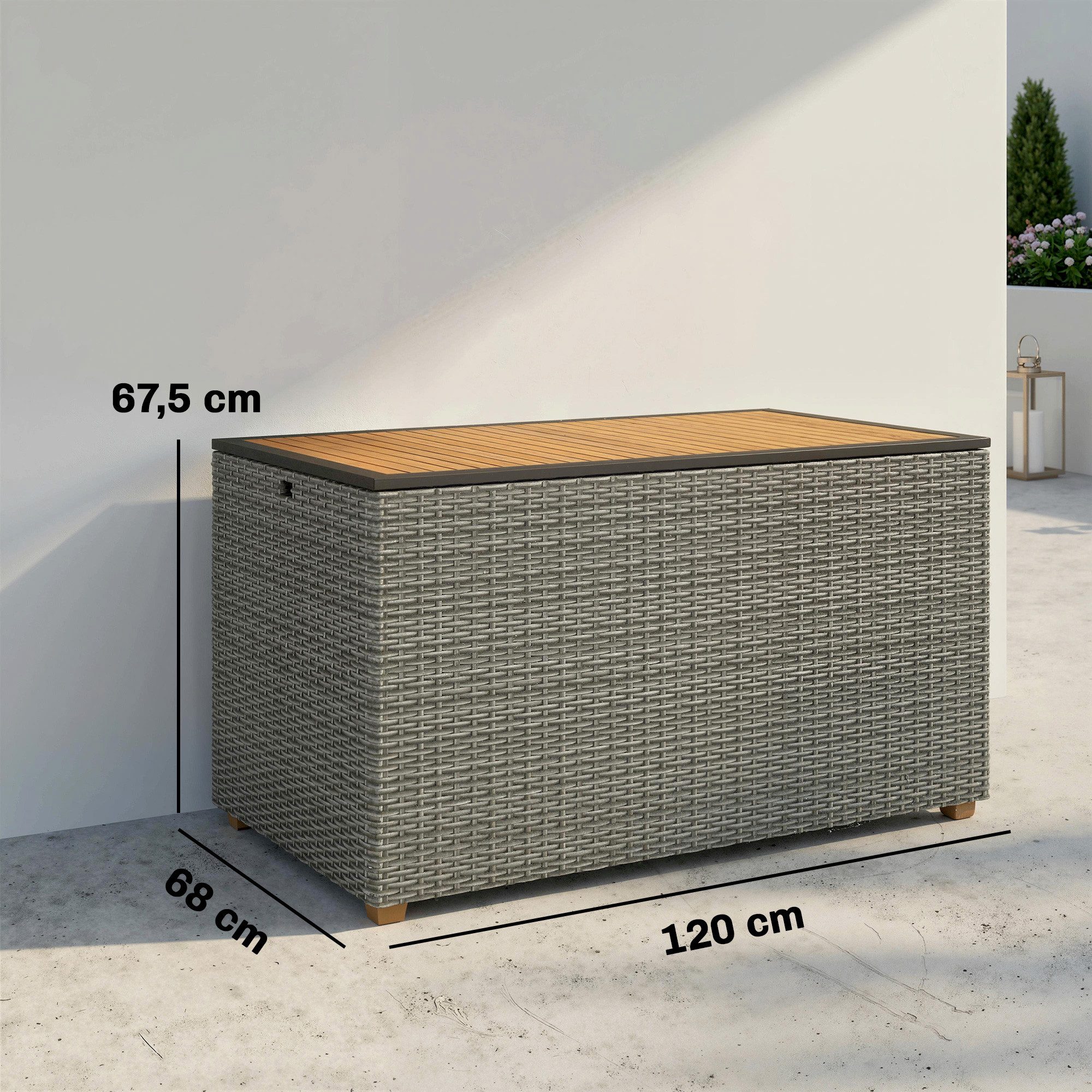 Outsunny Gartenbox mit FSC-Holz-Deckel, Gasdruckfedern, Innenfutter (Auflagenbox, 1 St., Aufbewahrungsbox), für Garten Balkon Pool Dunkelgrau