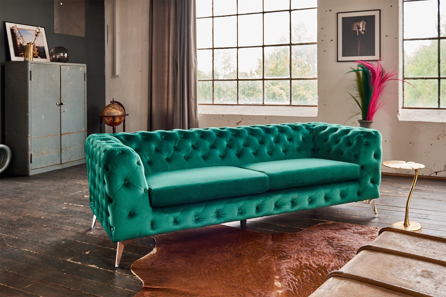 Sofa Farben versch. Velvet Chesterfield NARLA, KAWOLA 3-Sitzer grün