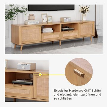 OKWISH TV-Schrank Hochwertiger Holz-TV-Schrank mit Echtholzfüßen (TV-Konsolentisch,200*37*49cm) mit massiven Holzfüßen, Geflochtener Rattan-TV-Boards