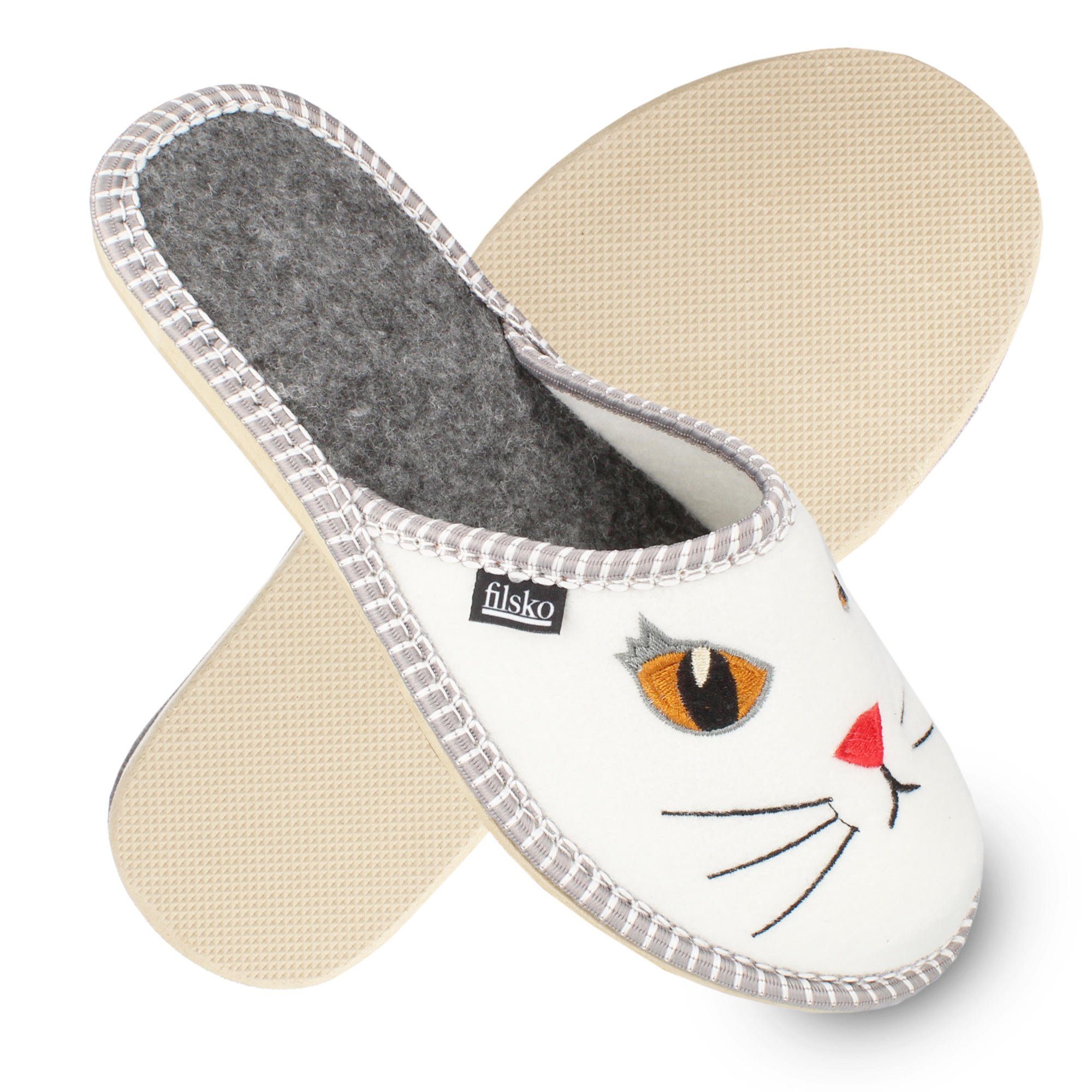 filsko Litton Damen Hausschuh Pantolette mit Katzenaugen, weißer Filz, gefüttert, ungefüttert