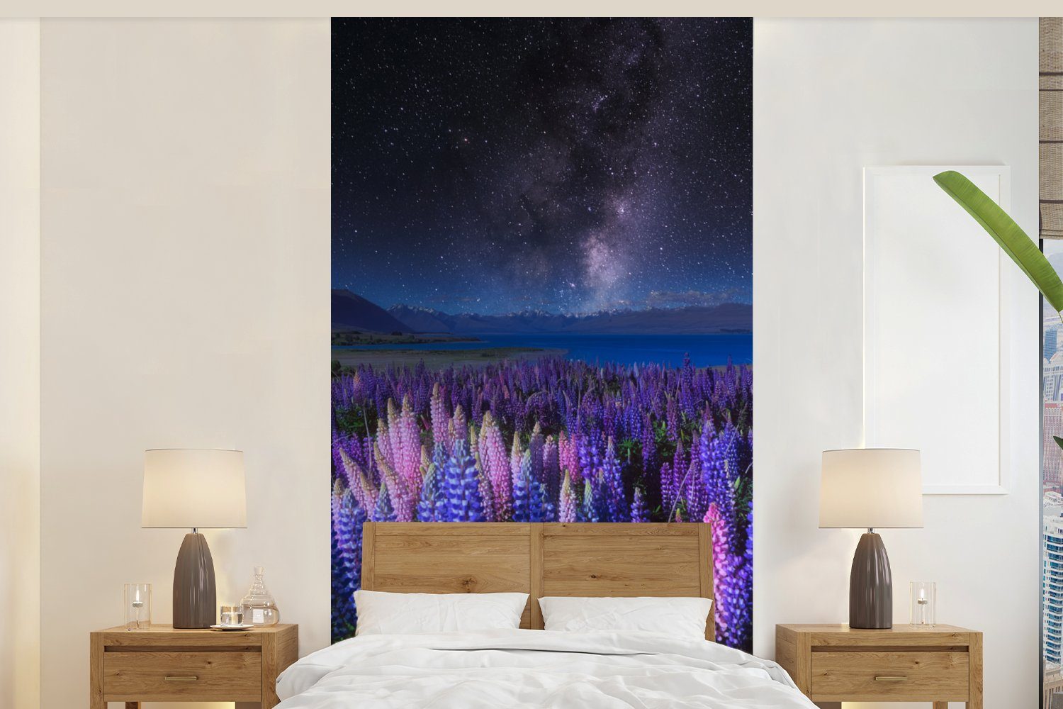 MuchoWow Fototapete Blumen - Nacht - Lupine - Sternenhimmel - Lila - Natur, Matt, bedruckt, (2 St), Vliestapete für Wohnzimmer Schlafzimmer Küche, Fototapete